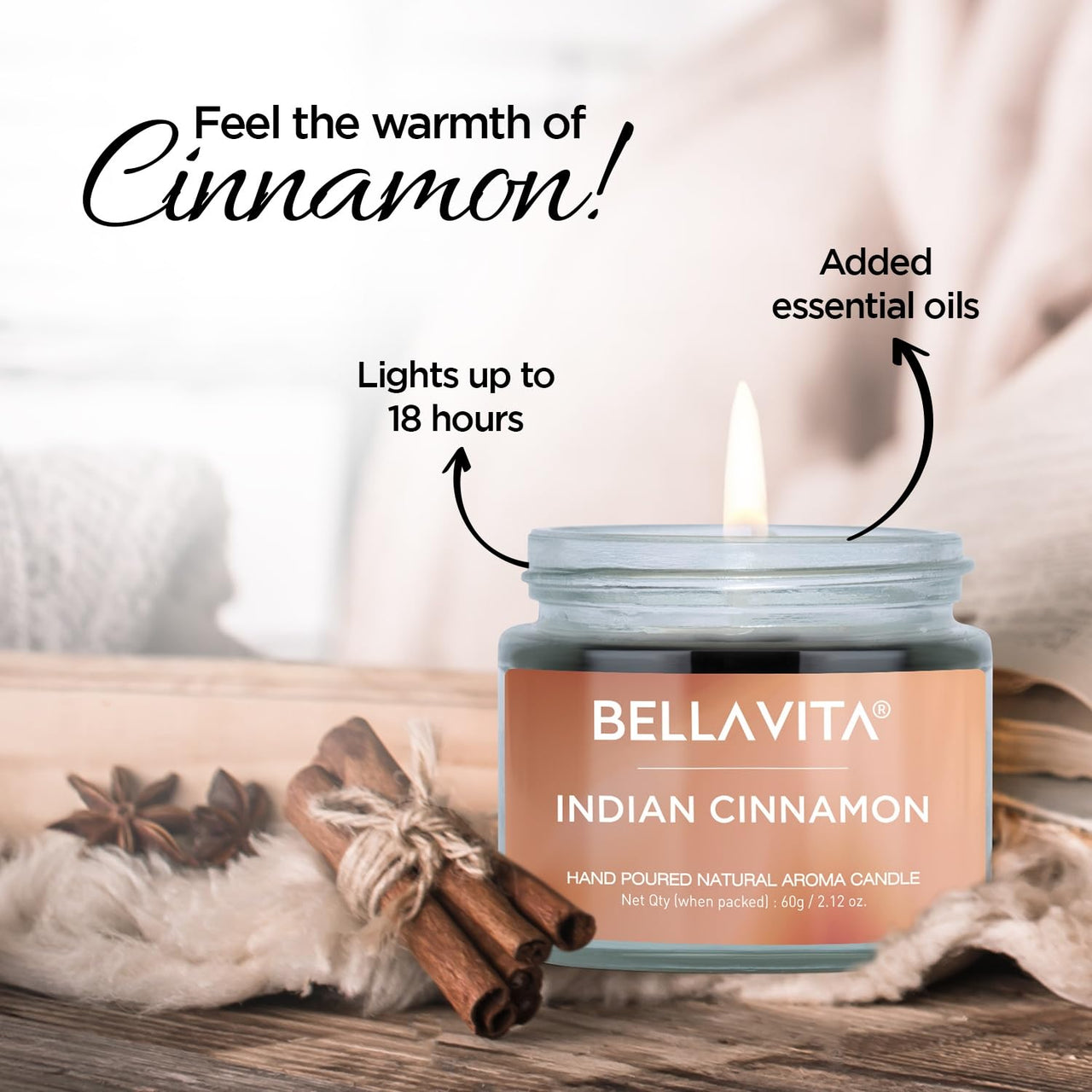 Bella Vita Organic Soy Wax Aroma Candles Set Of 4 Scented Aromatic Fragrance Vanilla, Cinnamon, Lavender & Rose For Gifting Home, 60 Gms Each,Up To 15 Hours Burn Time
