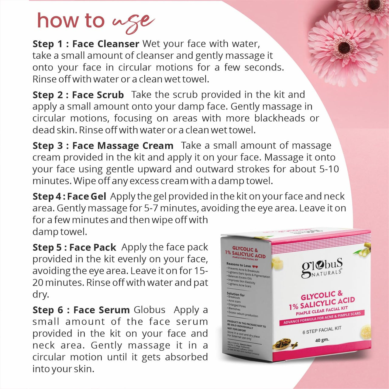 Globus Naturals Glycolic & 1% Salicylic Acid Peel Off Mask & Facial Kit Combo, Anti Acne & Oil Control Formula, For Normal to Oily Skin