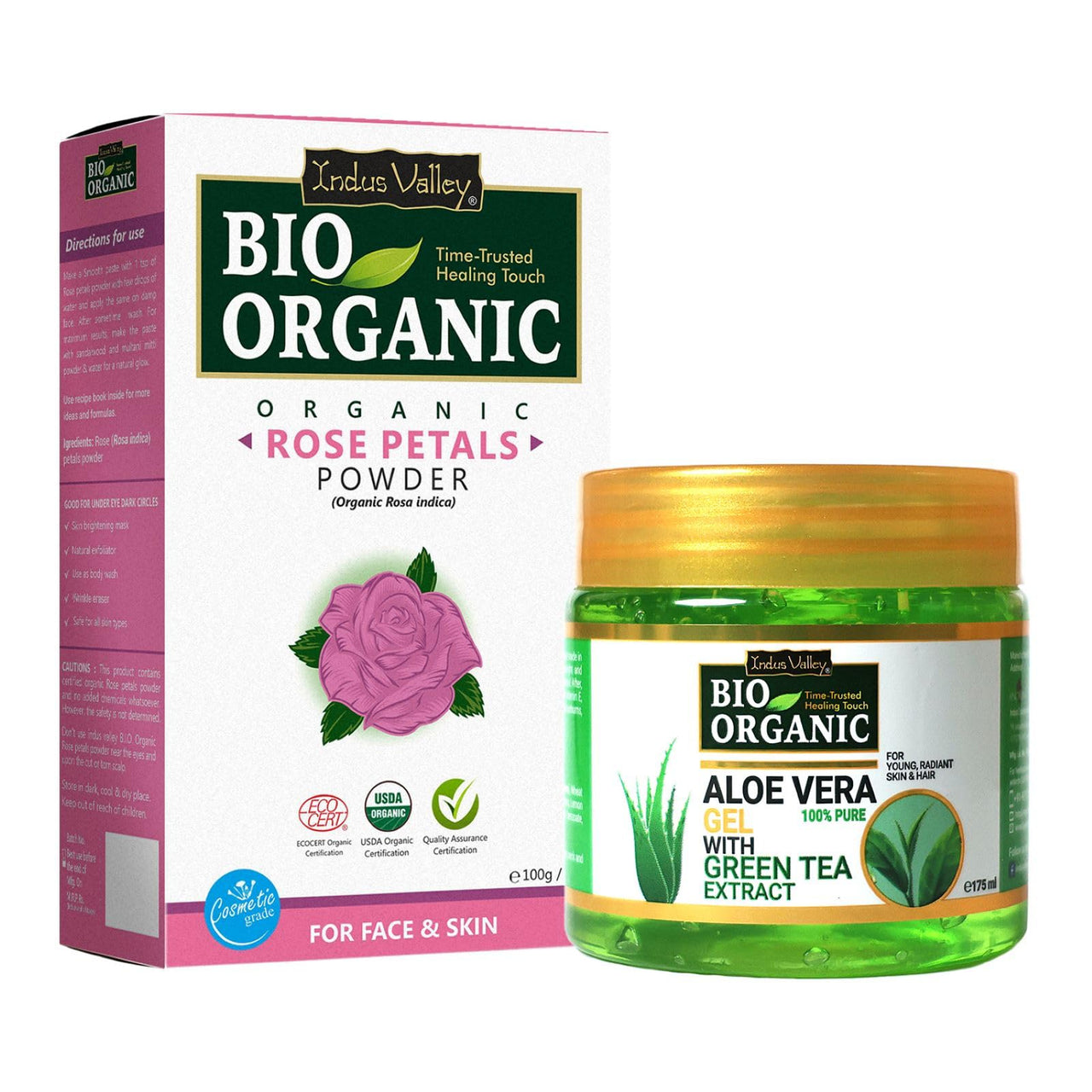 INDUS VALLEY 100% Organic and Pure Combo Rose Petal Powder | Rosa indica - & Non-Toxic Aloe Vera Gel For Skin Care And Hair Care (100g + 175ml)