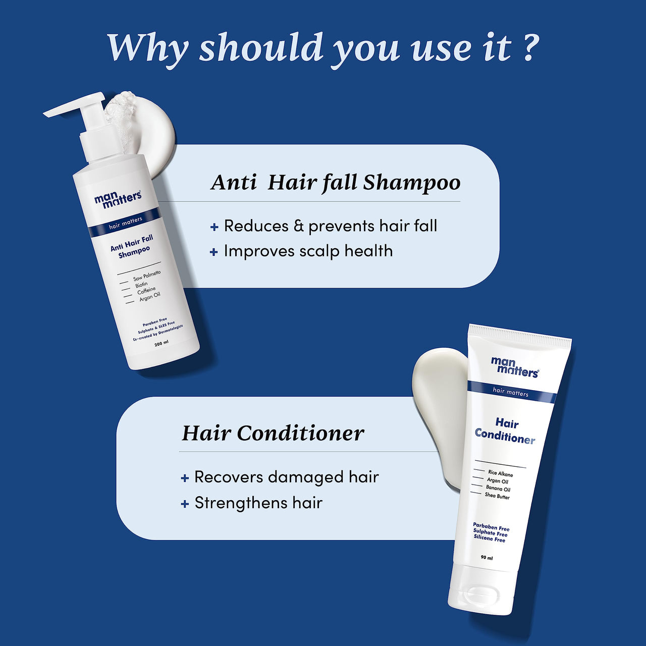 Man Matters Anti Hair Fall Shampoo 200ml and Conditioner 90ml For Men With DHT Blocker | Helps in Deep Nourishment and Frizz Free Hair | Sulphate & Paraben Free | Pack of 2