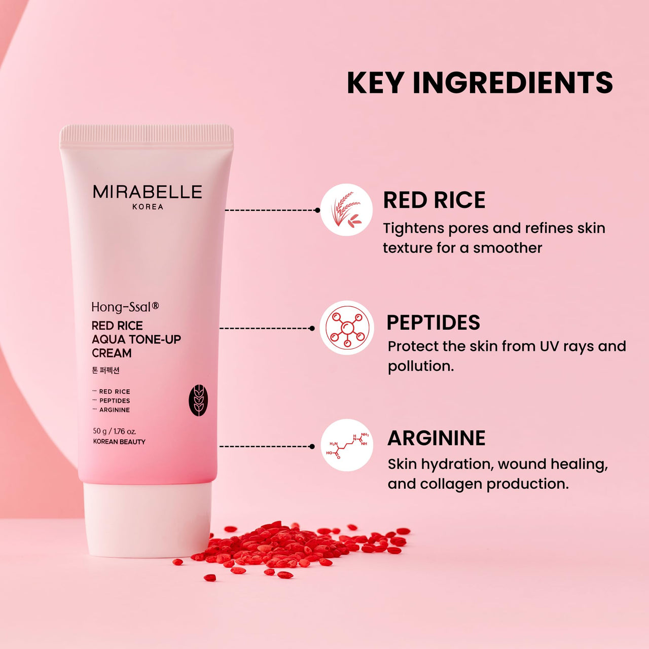 Mirabelle Korea Hong Ssal Red Rice Aqua Tone-Up Cream 50g | Hydrating & Brightening Face Moisturizer | Peptides & Rice Extract for Glowing Skin | Korean Skincare for Men & Women