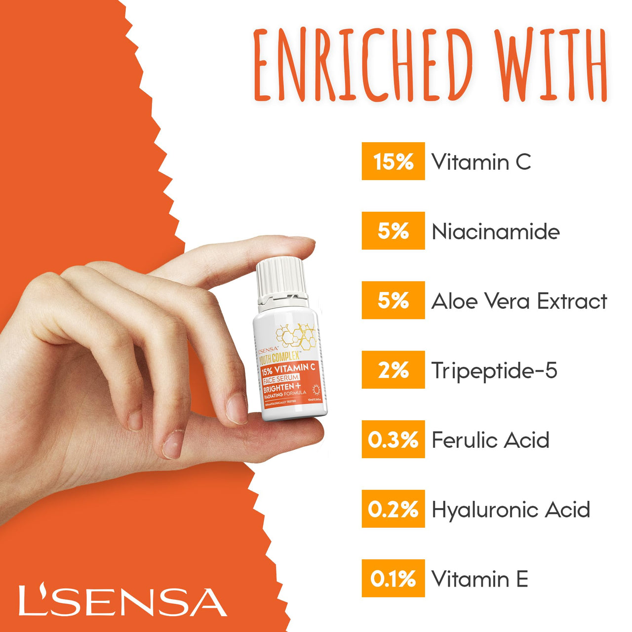 L'SENSA 7 in1 Youth Complex™ Vitamin C Serum with Hyaluronic Acid, Niacinamide,Tripeptide-5, Ferulic Acid, Vitamin-E for Anti-Ageing, Anti-Wrinkle and Anti-Spots| For All Skin Types - 10ml
