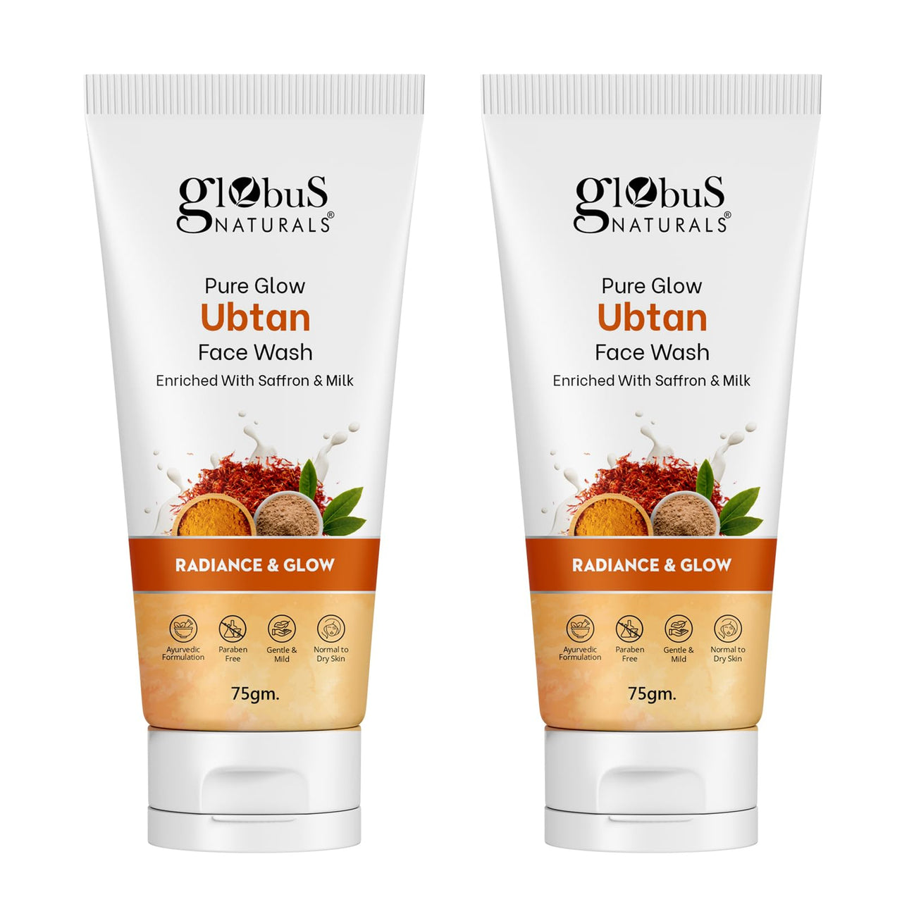 Globus Naturals Pure Glow Ubtan Face Wash, Enriched With Saffron & Milk, For Radiance & GLow, Natural, Gentle & Mild, Suitable For All Skin Types, 75 gm (Pack of 2)
