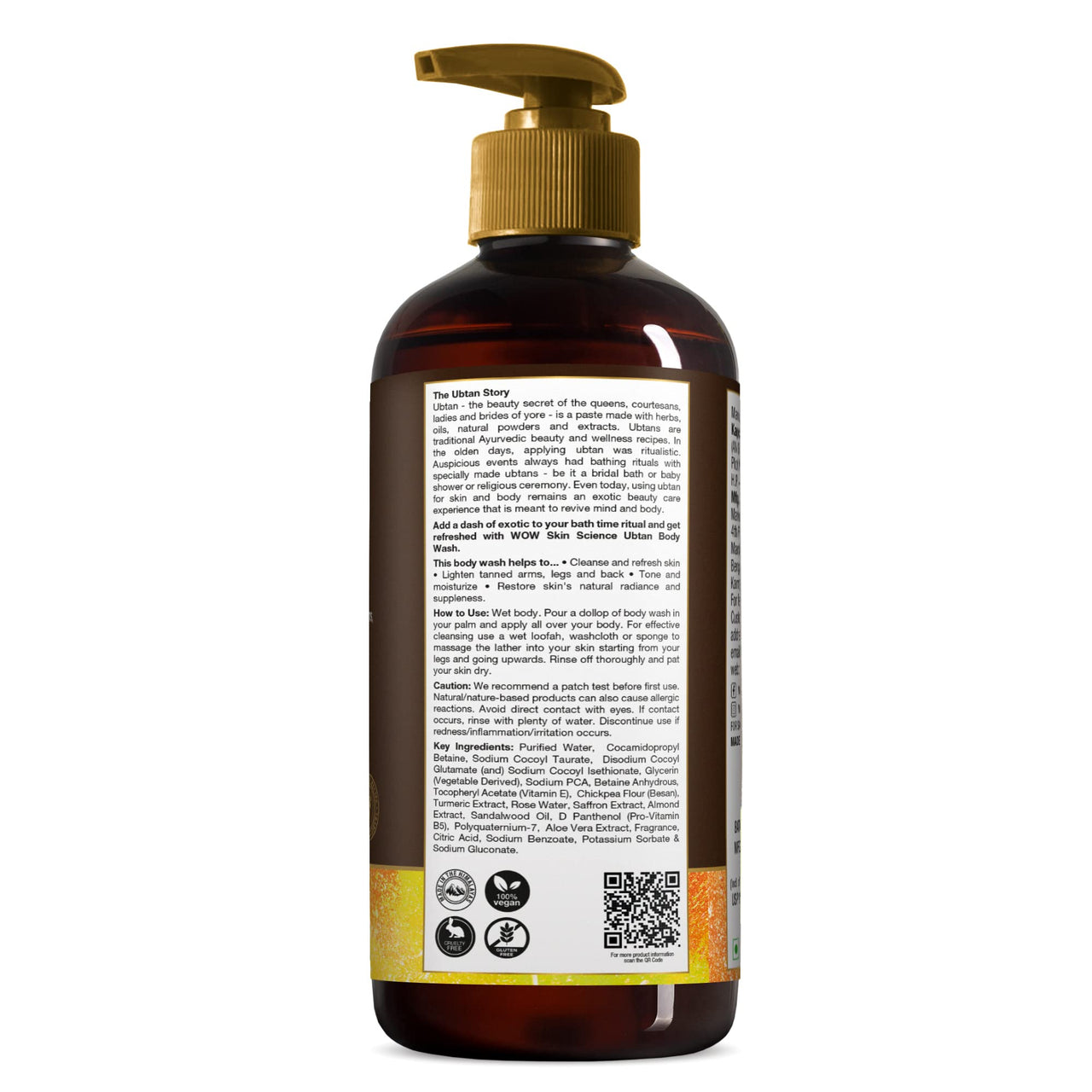 WOW Skin Science Ubtan Body Wash For Tan Removal And Glowing Skin - With Chickpea Flour, Almond, Safron & Turmeric Extract - 500mL