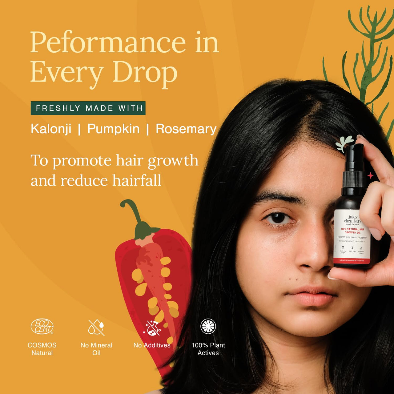 Juicy Chemistry Chilli, Horsetail & Blackseed, 100 ml | Enriched with Rosemary Oil & Kalonji Oil to Control Hair Fall | Clinically Proven with Natural DHT Blockers for Men & Women | For Healthy Hair, Scalp Nourishment & Hair Growth | Dermatologically Test