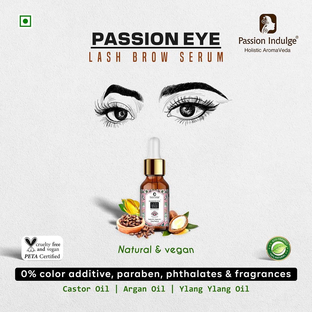 Passion Indulge Eye Lash Brow Serum for Eyebrow and Eyelashes with Castor, Argan, Ylang Ylang and Lavender Oil - 10ml | Growth of Eyebrow and Eyelashes | Maintain the Thickness, White, 50 g
