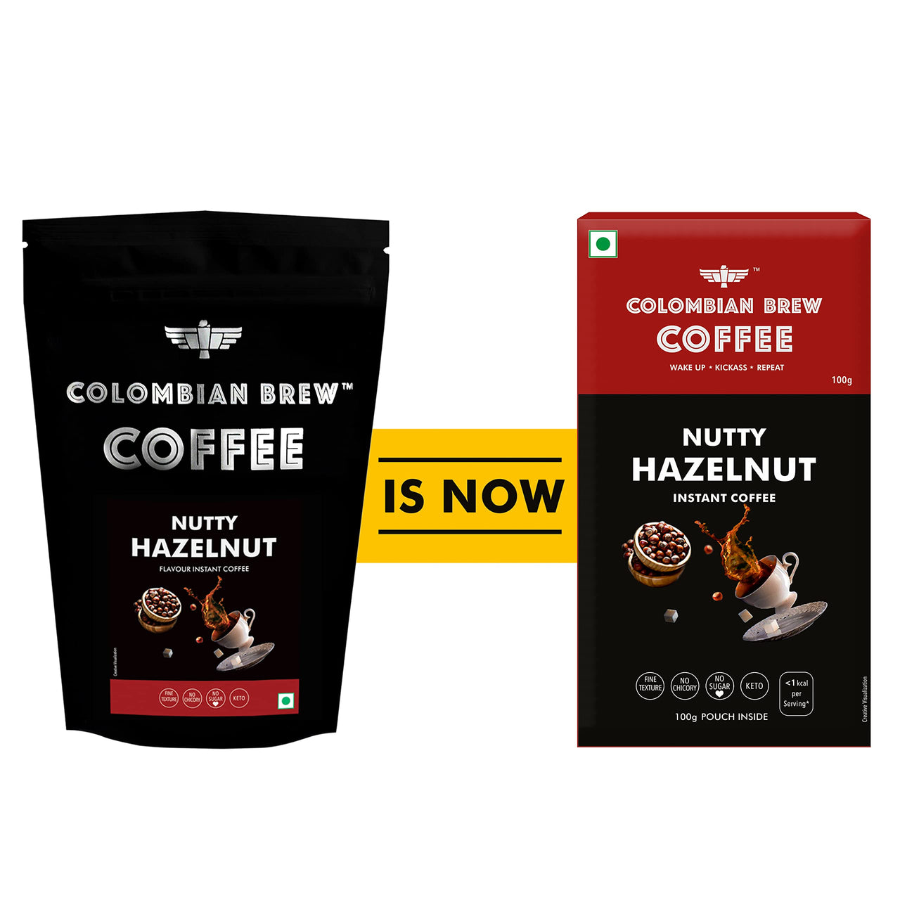 COLOMBIAN BREW COFFEE Hazelnut Instant Coffee Powder, No Sugar Vegan, 100g, Box & Colombian Brew Creamy Caramel Instant Coffee Powder, No Sugar Vegan, 100g