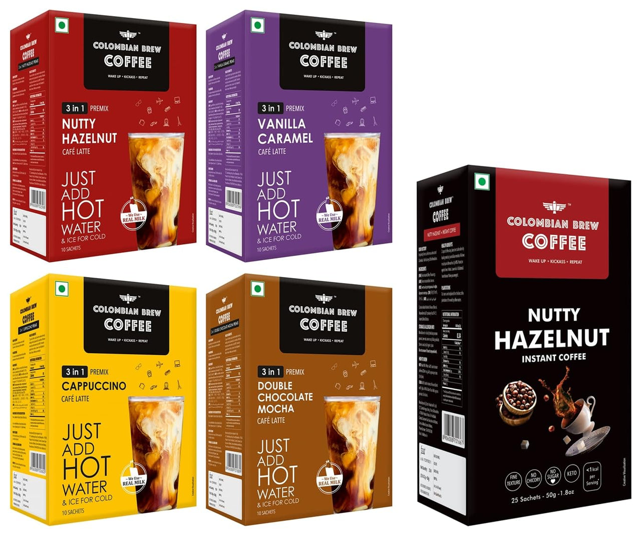 Colombian Brew 3 in 1 Assorted Instant Coffee Premix Café Latte, 10 Sachets Box & Colombian Brew Hazelnut Instant Coffee Powder, No Sugar Vegan, 50gm