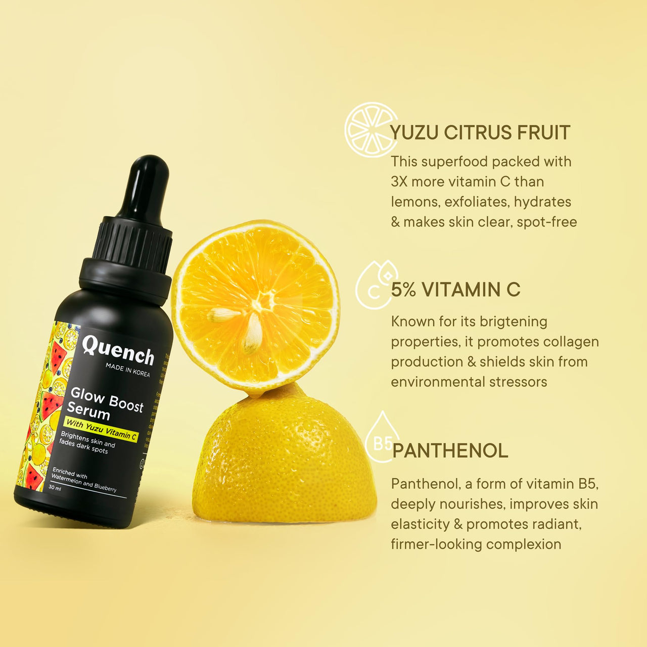 QUENCH BOTANICS Quench Vitamin C Glow Boost Face Serum with 5% Ethyl Ascorbic Acid | Brightening Serum for Dark Spots & Uneven Skin Tone | Highly Stable & Non Irritating | Made in Korea (30ml)