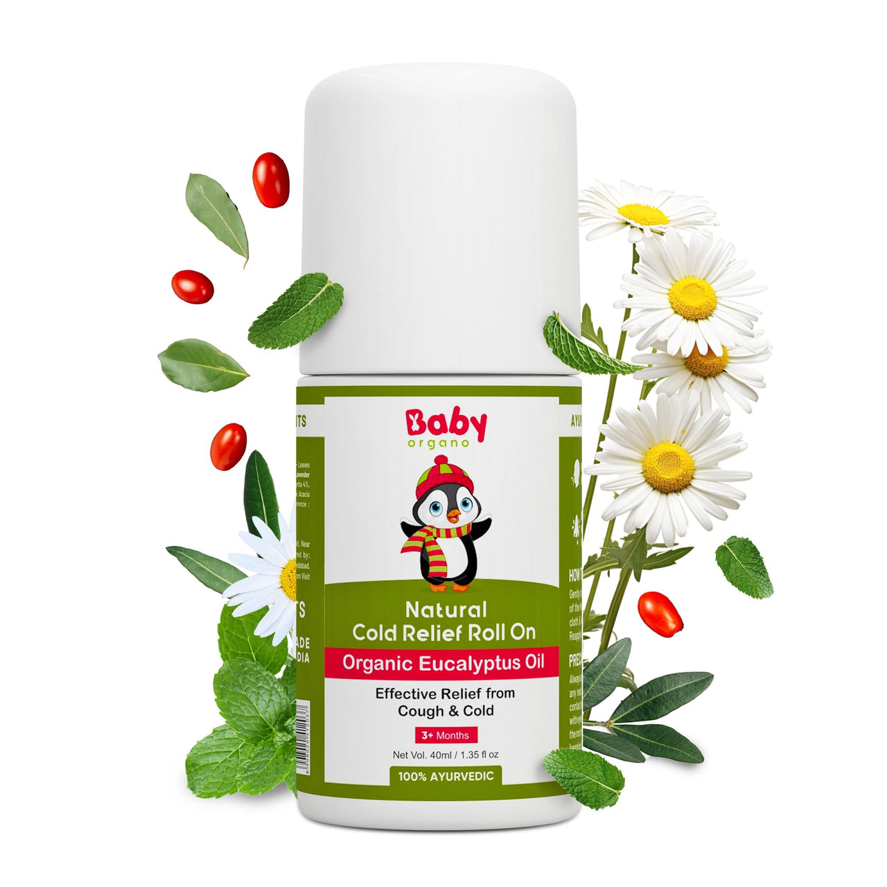 BabyOrgano® Natural Cold Relief Roll On with Organic Eucalyptus Oil for Cold and Cough | Nose Block | Chest Congestion 40ml