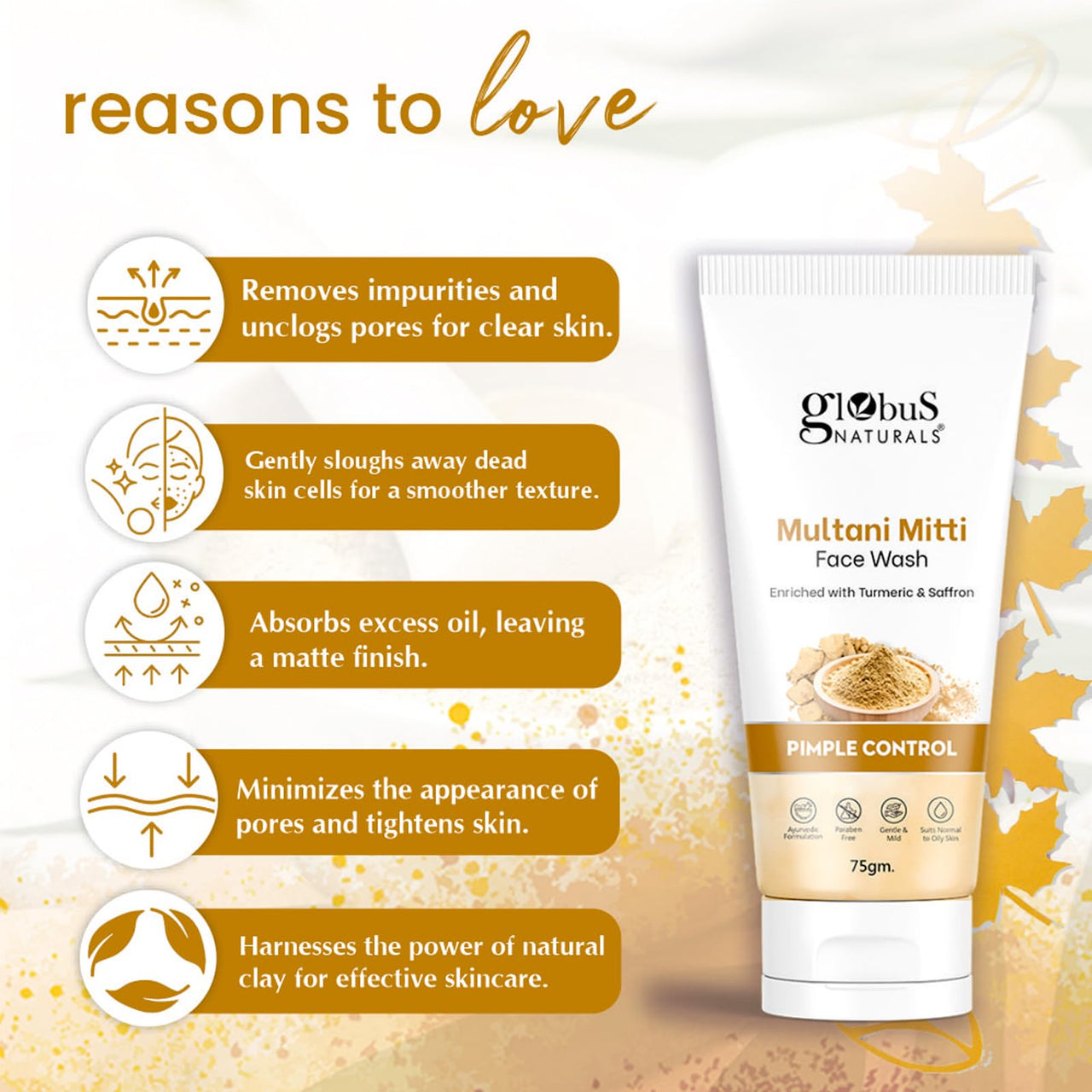 Globus Naturals Multani Mitti Face Wash, Enriched With Turmeric & Saffron, For Pimple Control, Suitable For Oily & Acne Prone Skin, 75 gm