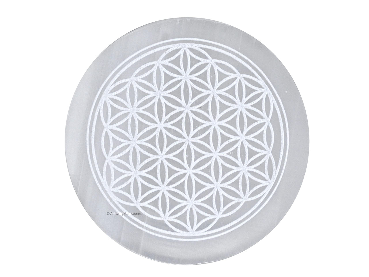 Selenite Crystal Charging Plate For Crystals And Healing Stones, 4.5" Selenite Crystal Plate Engraved Flower of Life Coaster For Home Office Table Decor (Selenite Round Disc)