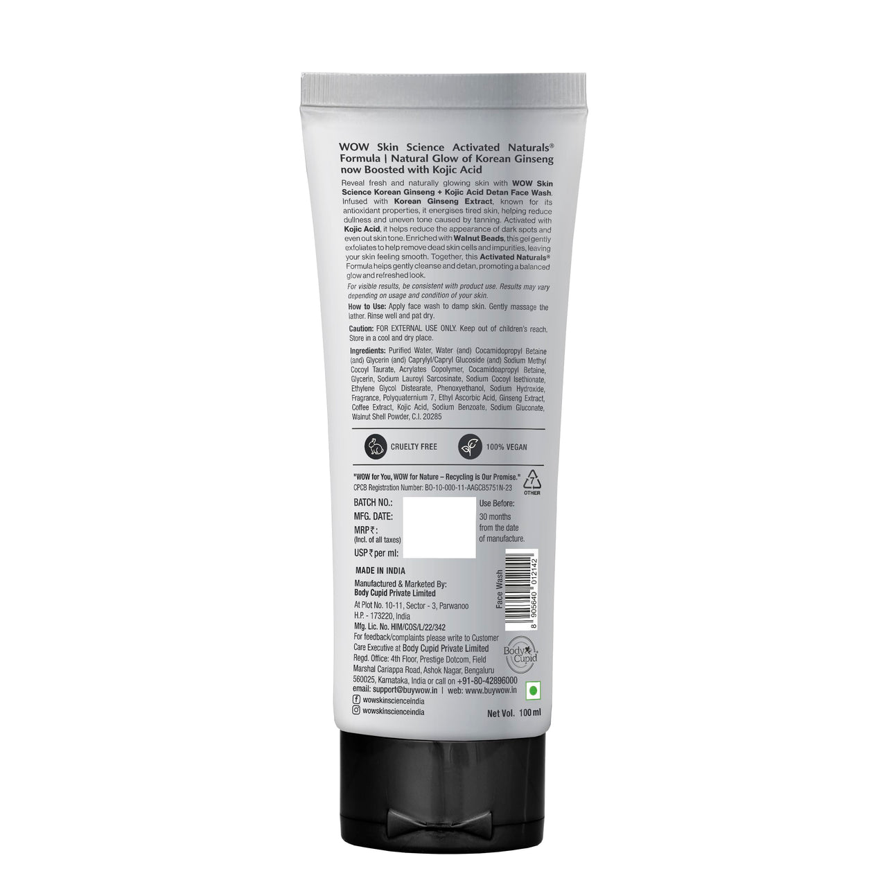 WOW Skin Science MEN KOREAN GINSENG + KOJIC ACID Detan Face Wash Gel | Reduces Tan & Dark Spots | GinsengClear™ Technology | Gentle Exfoliation | No Sulphates, Parabens or Silicones | 100ml