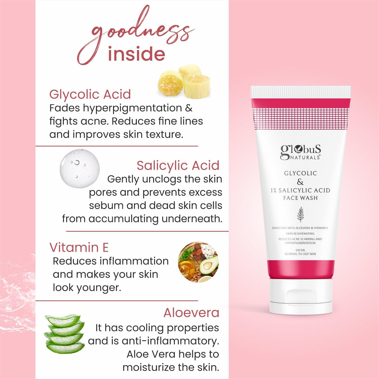 Globus Naturals Glycolic & 1% Salicylic Acid Herbal Anti Acne Face Gel, Enriched with Liquorice & Oats, Anti Acne & Oil Control, Reduces Dark spots & Hyperpigmentation,100 ml Pack Of 3