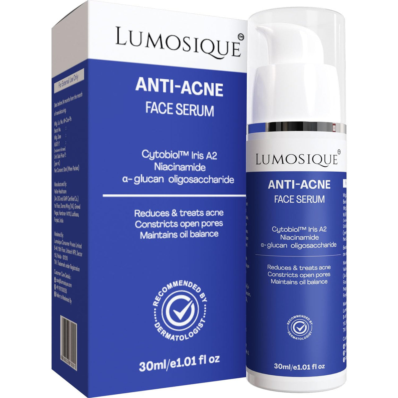 LUMOSIQUE® Anti Acne 2% Salicylic Acid Face Serum for Control Acne,Reduces Blackheads,Constrict Open Pores, Maintain Oil Balance & Hydrate Skin | For All Skin Types|For Men & Women | 30ml