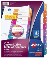 Avery 8 Tab Dividers for 3 Ring Binders, Customizable Table of Contents, Multicolor Tabs, 6 Sets (11186)