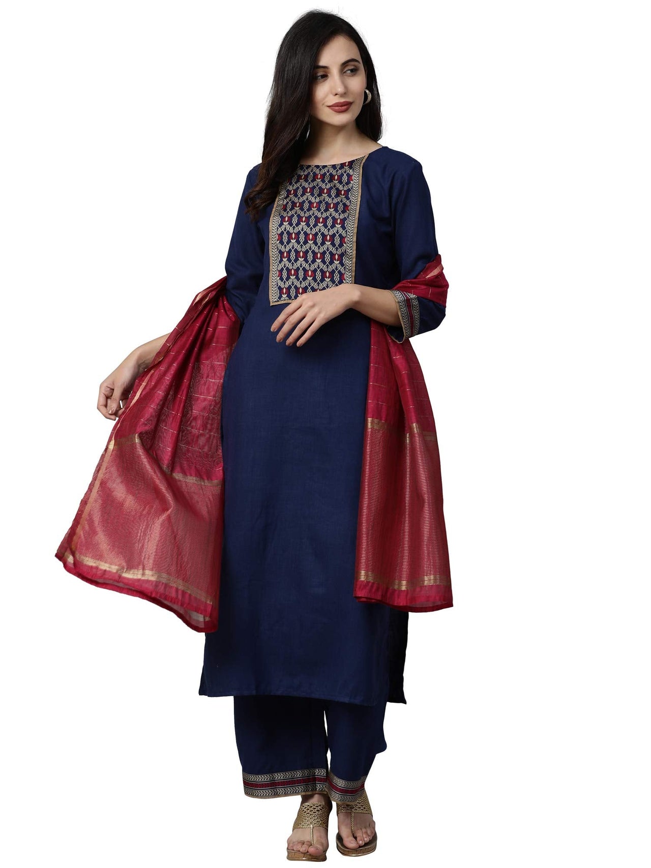 INDO ERA Women's  Pure Cotton Yoke Design Straight Kurta Palazzo with Dupatta Set(Navy Bue_IE26KD4NB1771_XS to 2XL-Size)