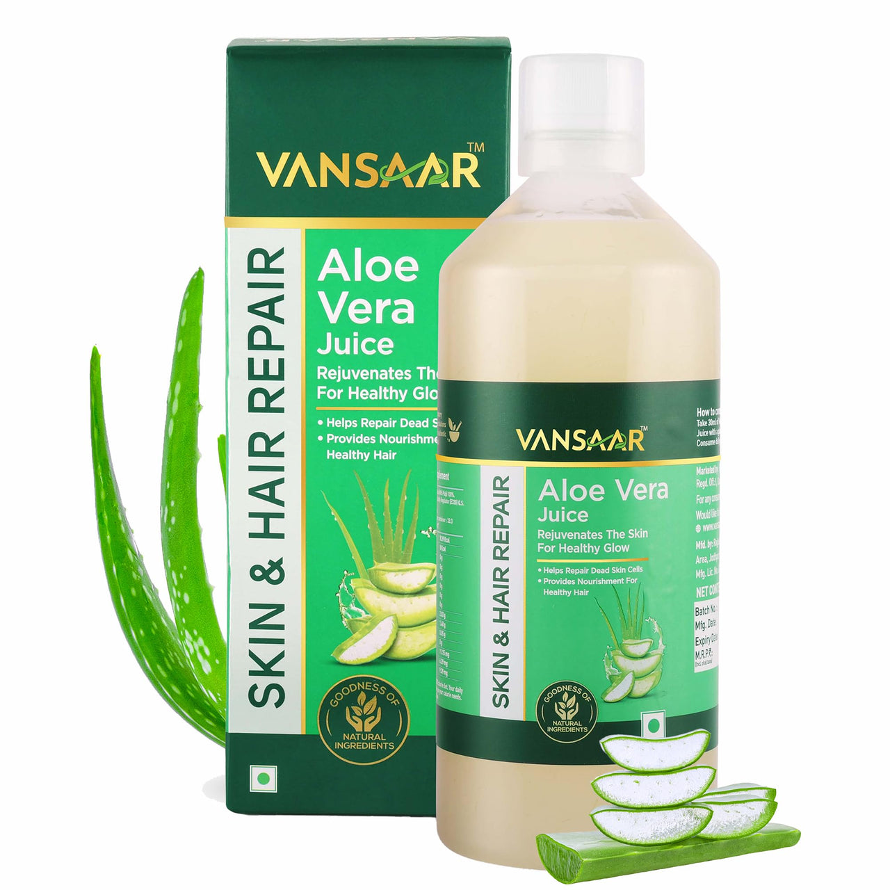 Vansaar Aloe Vera Juice - 1L | For Glowing Skin & Healthy Hair | 100% Natural, Cold Pressed with Pulp