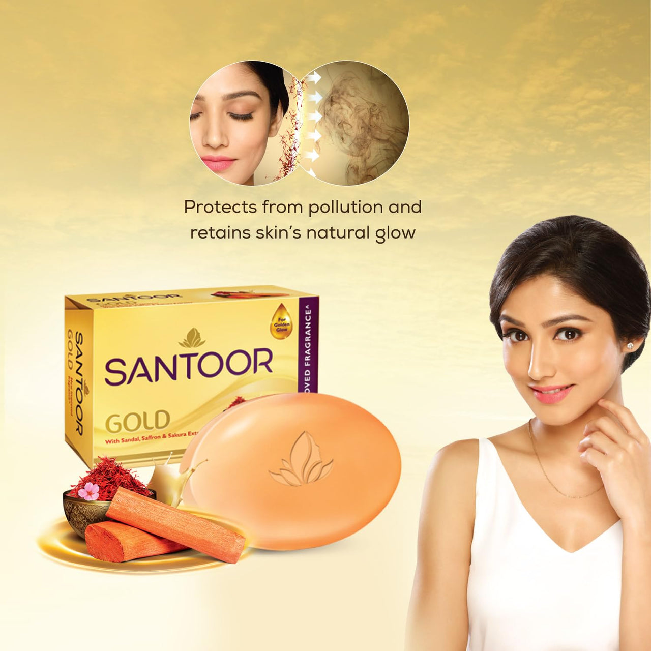 Santoor Gold Bathing Bar Soap with Kashmiri Saffron, Sandal & Sakura Extracts for Soft & Younger-Looking Skin| Gentle & Rich Lathering Formula with Refreshing Fragrance| For All Skin Types| 125g, Pack of 12
