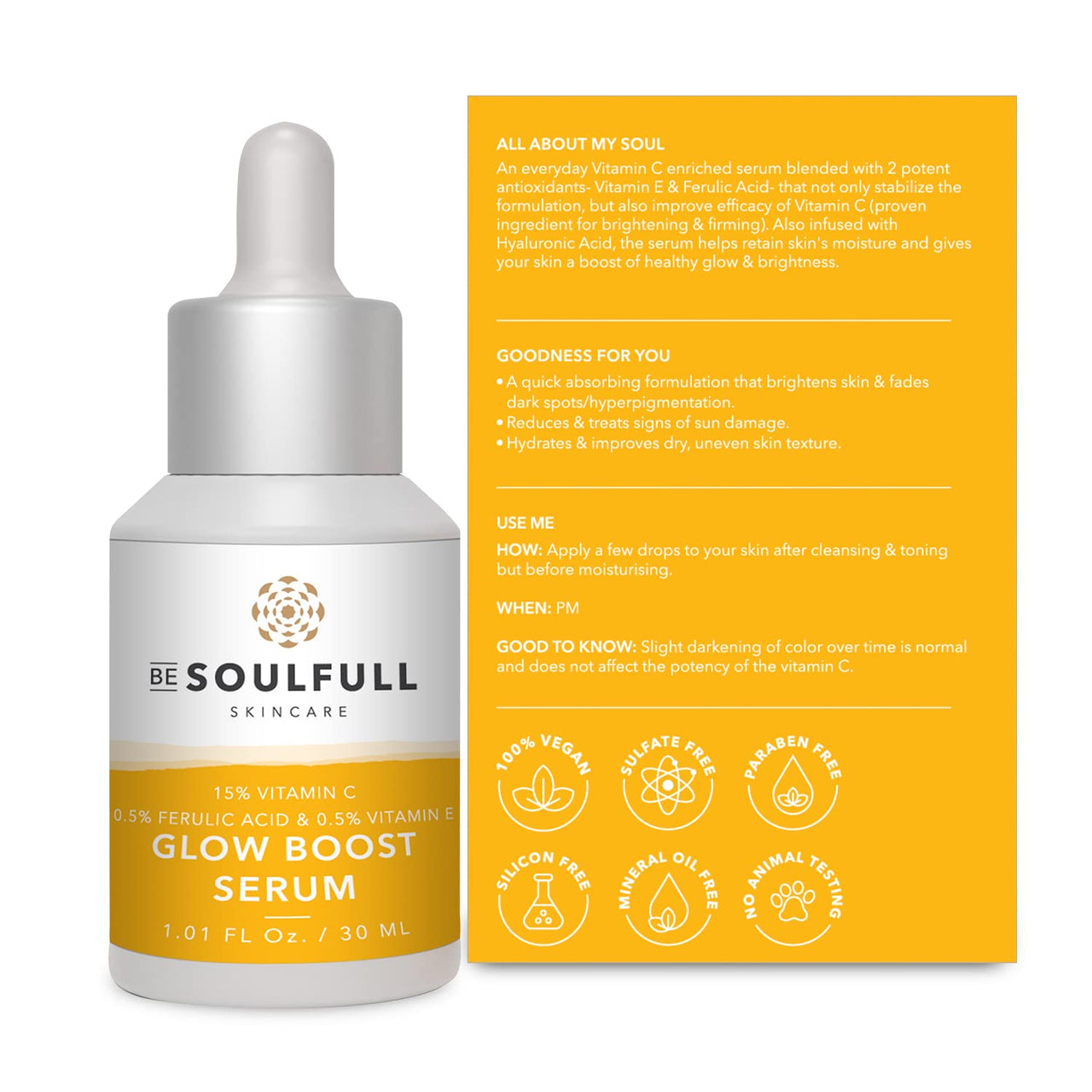 BE SOULFULL 15% Vitamin C Serum with 0.5% Ferulic Acid & 0.5% Vitamin E for Glowing Skin-Skin Brightening Serum-Antioxidant Serum-Reduce Wrinkles & Dark Spots, 30ml / 1.01 Fl Oz