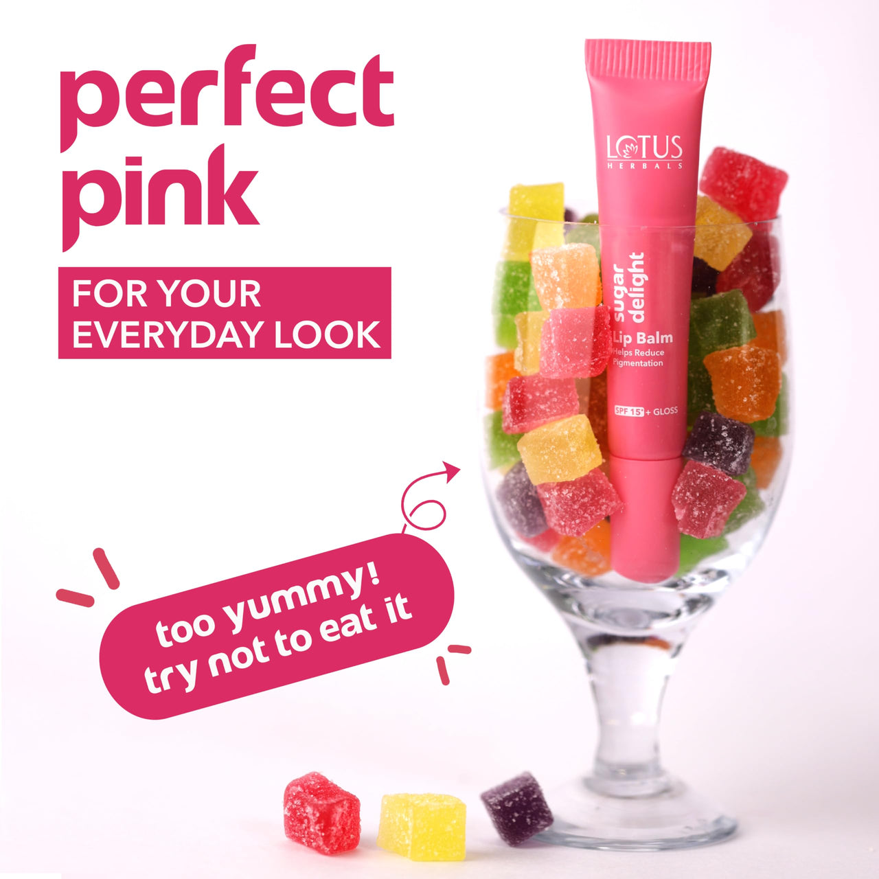 Lotus Herbals Sugar Delight Lip Balm With Spf 15 For Dry And Chapped Lips, Reduces Pigmentation, Moisturises Deeply, Glossy Finish, With Ceramides And Vitamin E, Pink Tint, Fruity Scent,(Pink, 10Gm)