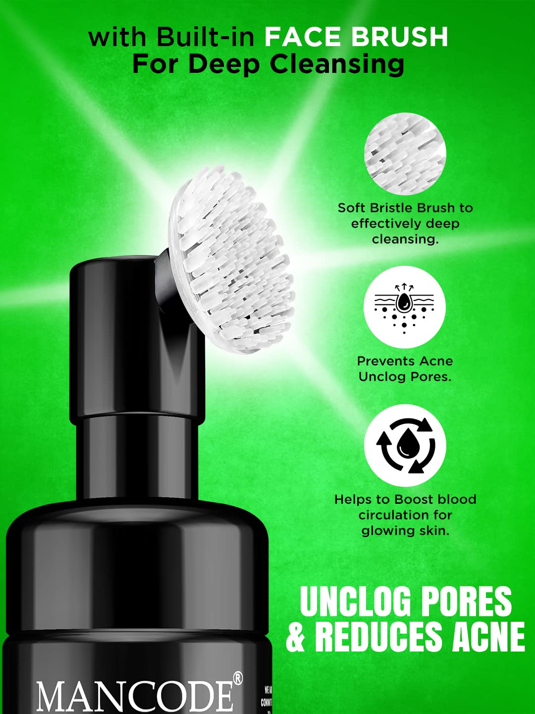 Mancode Acne Control Tea Tree Foaming Facial Wash | with Built in Brush Face Wash For Men Deep Cleansing Face | For Oily & Dry Skin | Anti Acne | Gentle Clear Skin | No Paraben Sulphate Silicone 150ml