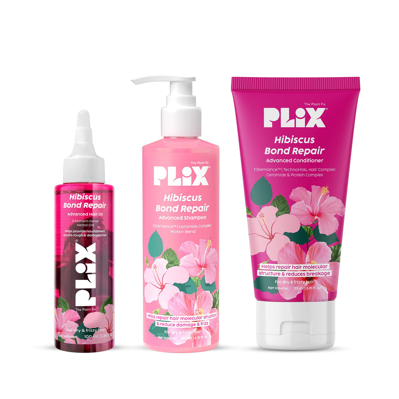 PLIX - THE PLANT FIX Hibiscus Bond Repair Advanced Oil, Shampoo & Conditioner | Repairs Damaged Hair Due To Heat Styling | Restores Strength, Reduces Frizz & Split-Ends