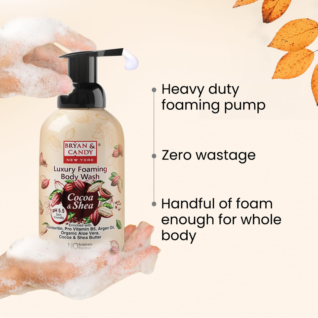 Bryan & Candy Luxury Foaming Body Wash with Pentavitin, Pro Vit B5, Argan Oil, Skin Friendly pH 5.5, All Skin Types, 400 Ml (Cocoa Shea)