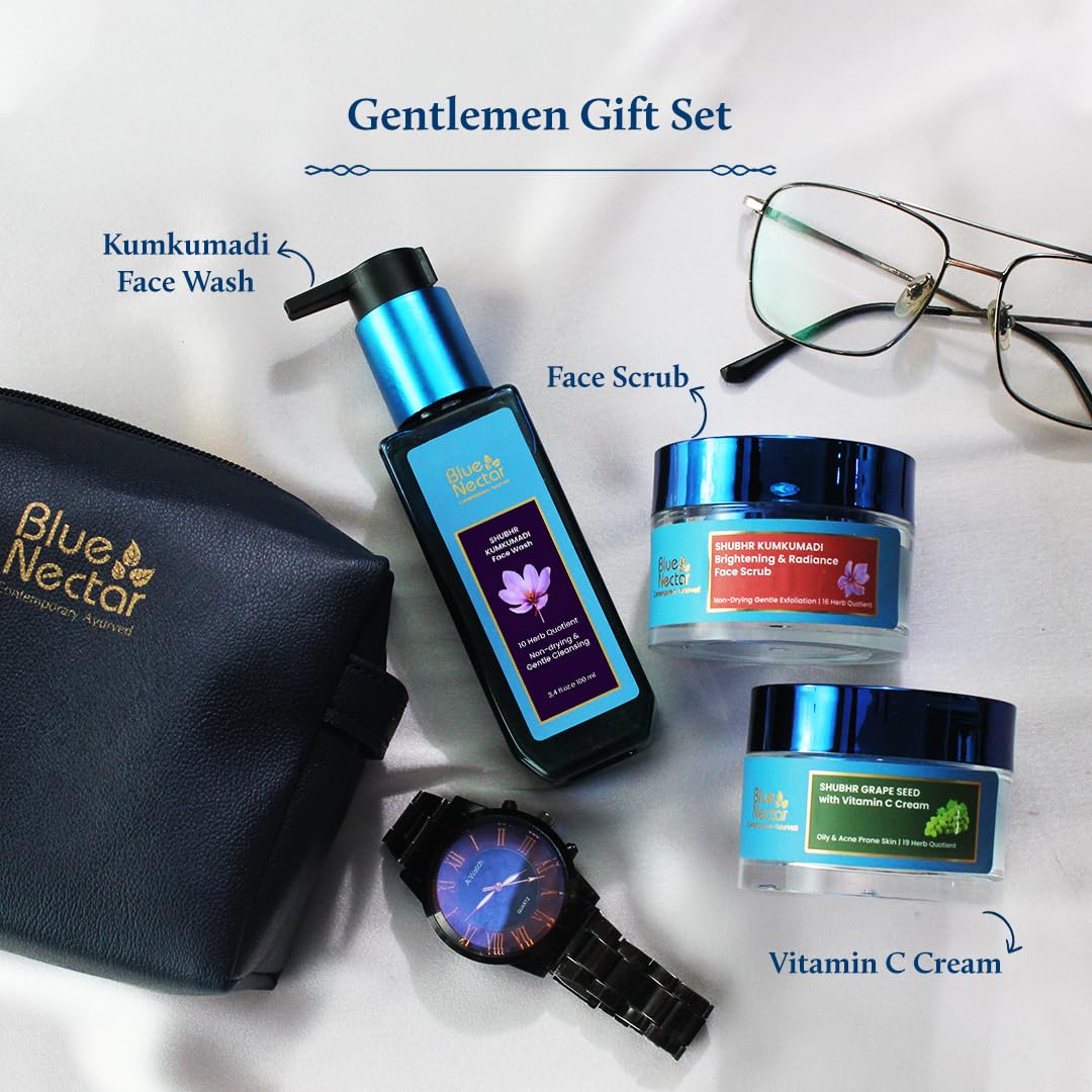 Blue Nectar Gentlemen Gift Set for Men | Plant Based Actives : Kumkumadi Face Wash, Walnut Face Scrub & Grapeseed Face Cream | Set of 3 | Birthday Gift for Men | Annivarsary Gift for Husband