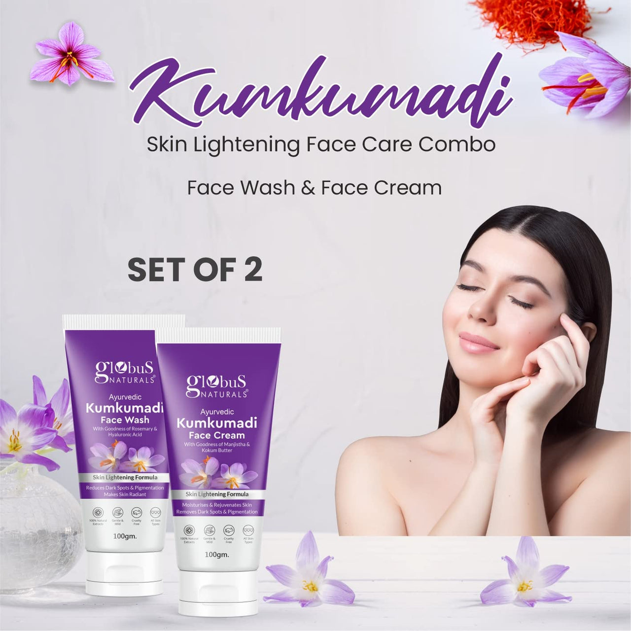 Globus Naturals Kumkumadi Skin Lightening Face Care Combo, Set of 2, Face Wash & Face Pack