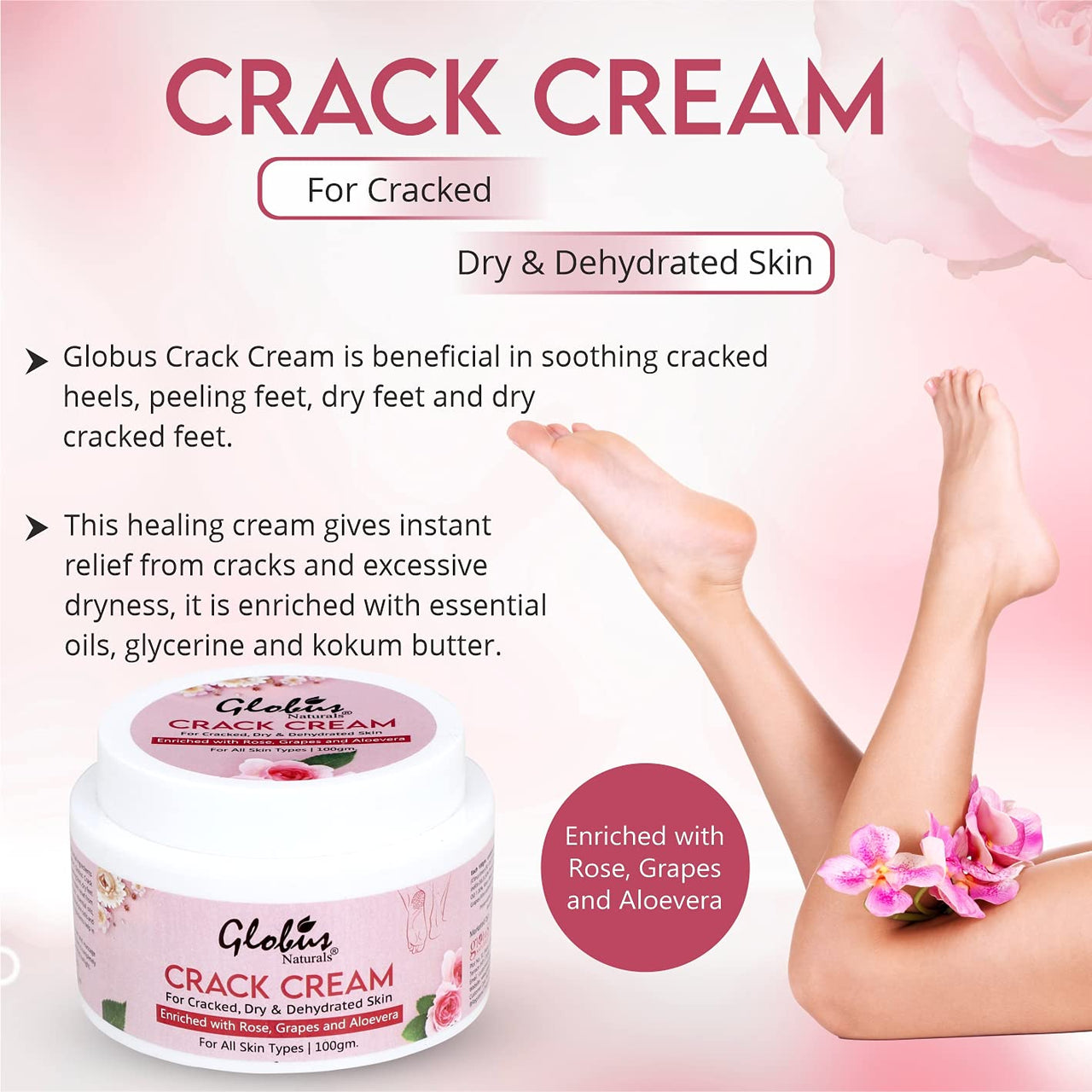 Globus Naturals Crack Cream for Dry Cracked Heels & Feet, Enriched with Aloevera, Grapes, Rose, Almonds, Lavender, 100g