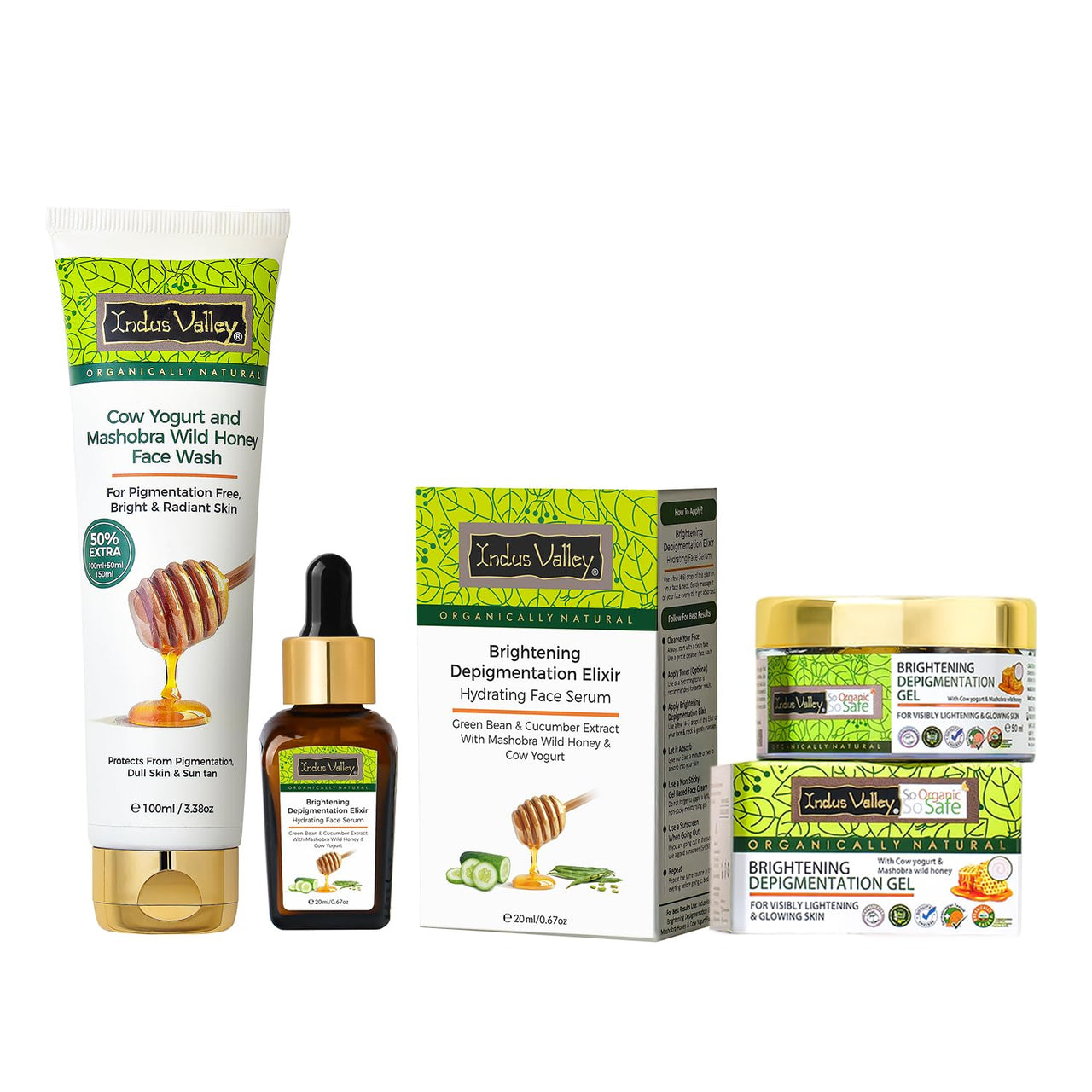 Indus Valley combo of Depigmentation Gel - 50 Ml + Depigmentation Elixir Serum - 20 Ml + Cow Yogurt And Mashobra Wild Honey Face Wash - 150 ml.