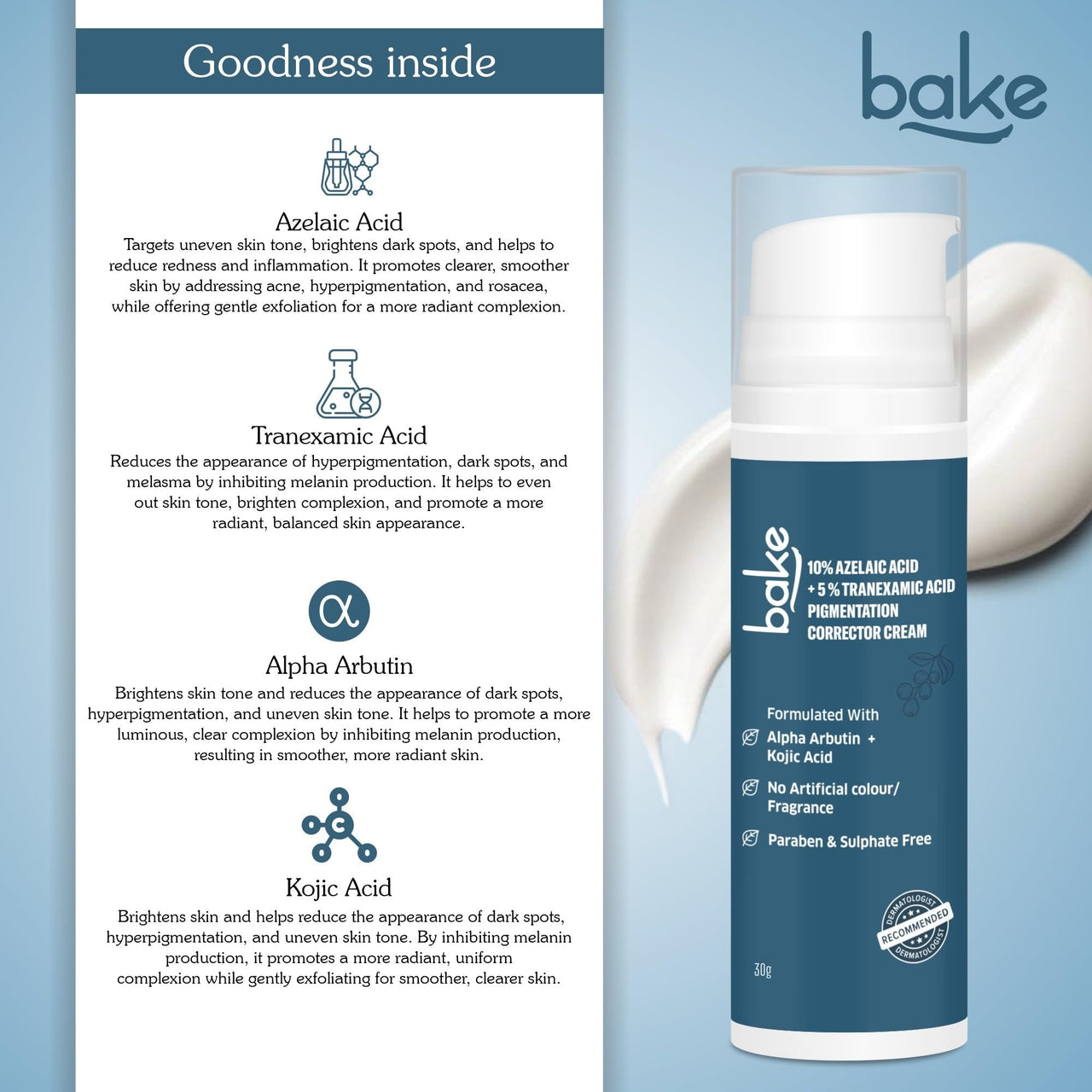 BAKE 10% Azelaic Acid + 5% Tranexamic Acid Pigmentation Corrector Cream for Dark Spots, Pigmentation & Tan Removal | Fades Acne Marks & Scars | For All Skin Types | For Men & Women | 30g