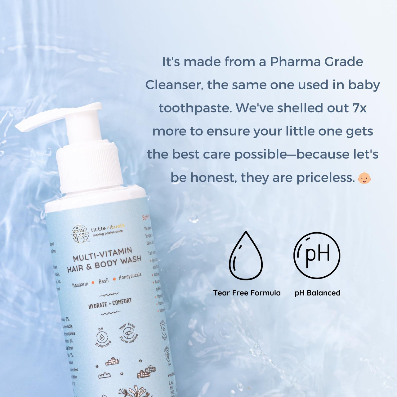 Little Rituals Baby Multi-Vitamin Body & Hair Wash - Tear Free + pH 5.5. Formulated with the best plant botanical - HONEYSUCKLE, BASIL, MANDARIN. Natural, Organic, Dermat tested, SWISS Technology (200ml)
