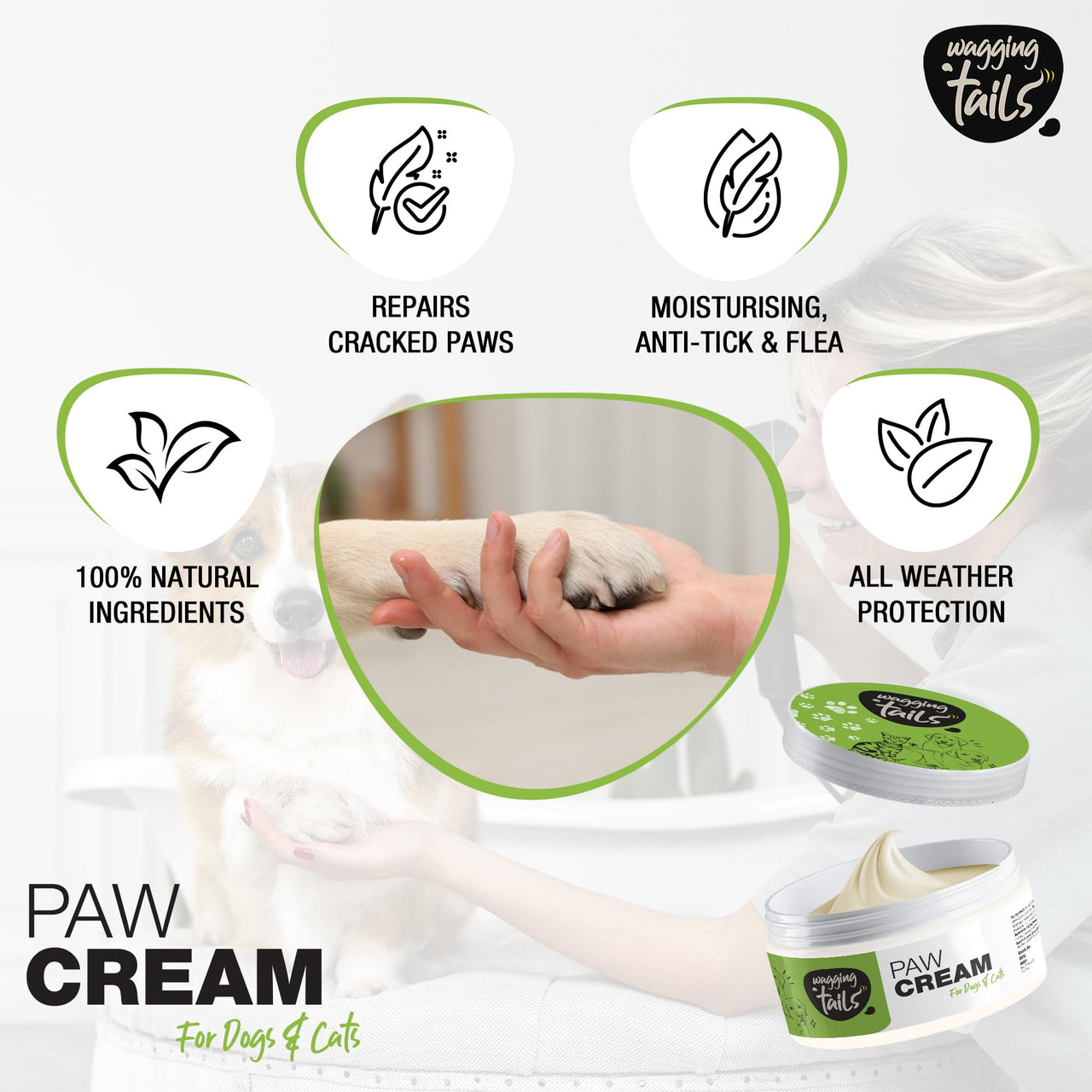 Wagging Tails Paw Cream for Pets Natural Care 50g | Daily Use to Smooth and Repair Damaged Skin | Heals, Repairs, and Moisturizes Cracked Paws, Elbows, and Dry, Itchy Snouts of Dogs, Cats, and Puppies