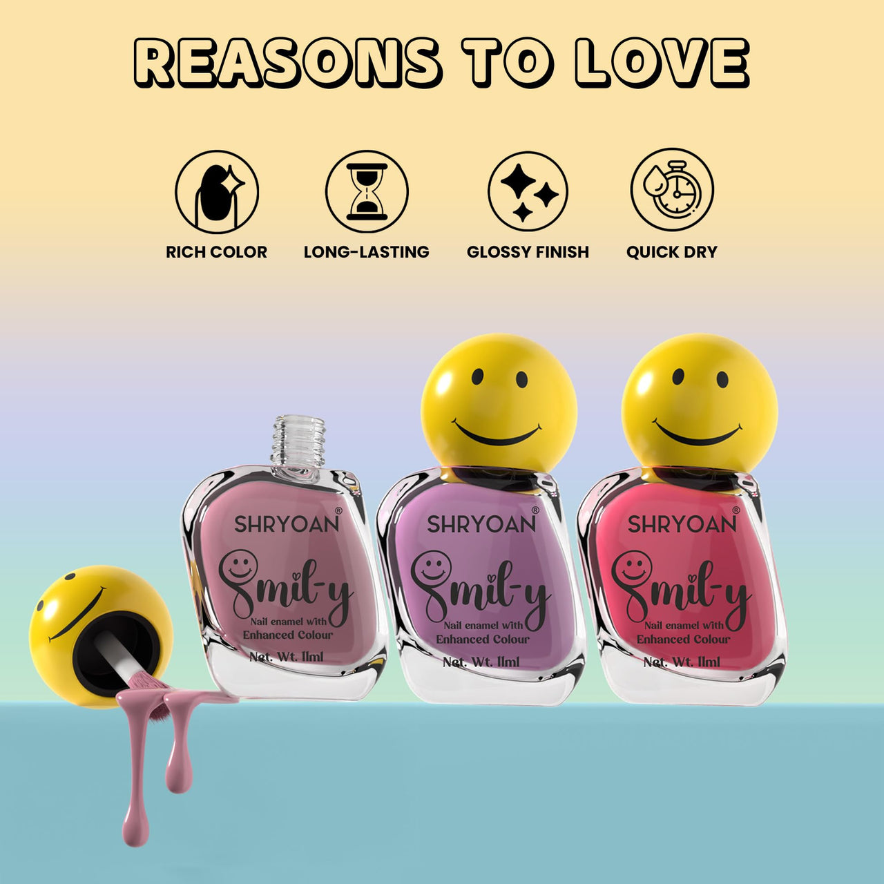 Shryoan Smil-y Glossy Nail Enamel With Enhanced Colors | Long Lasting Nail Polish | With Nail Polish Remover | Shade- Glitter Fusion | Set of 3 | 11ml Each