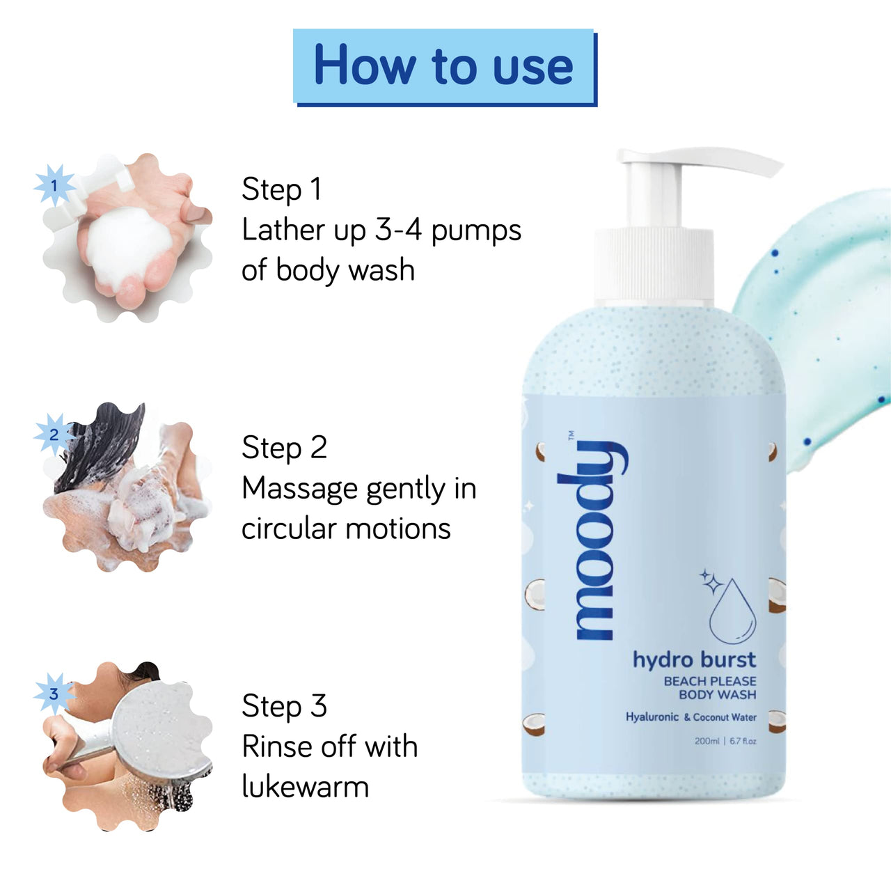 Moody 7D Hydro Burst with Hyaluronic Acid Body Wash | Refreshes, Deep Cleanses Skin & Provides Intense Hydration to Skin | Gentle and for All Skin Types | Softer, Smoother Skin 200ml