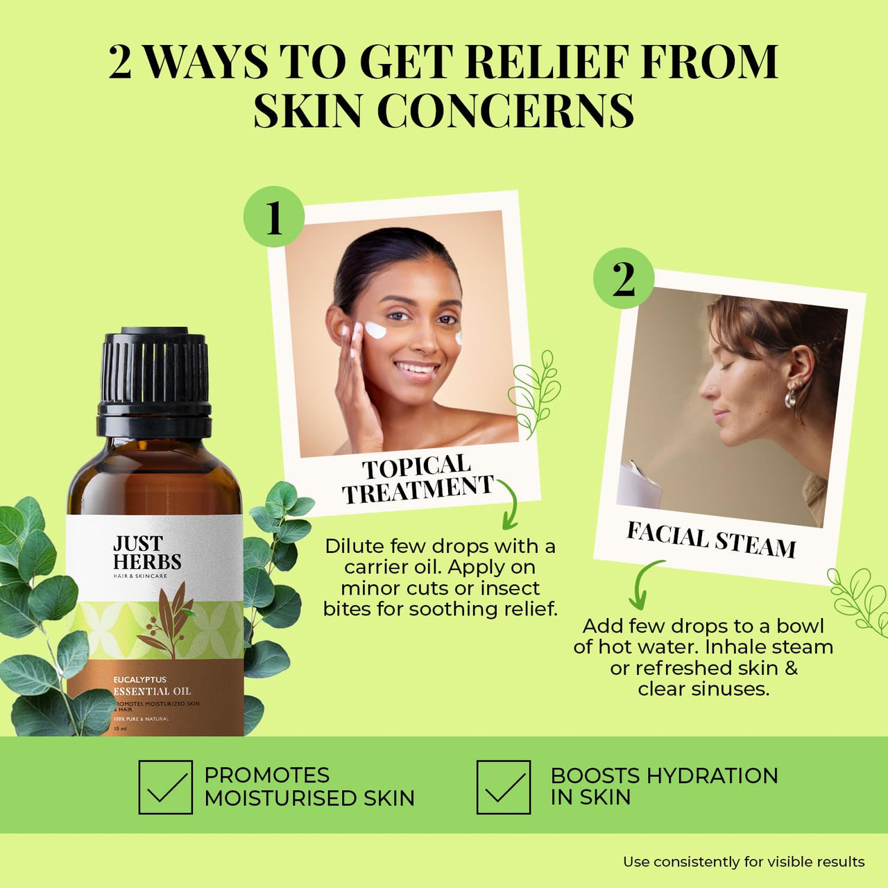 Just Herbs Eucalyptus Undiluted Steam Distilled 100% Natural Essential Oil for Hair Growth | Steam Inhalation | Aromatherapy and Skincare 10ml