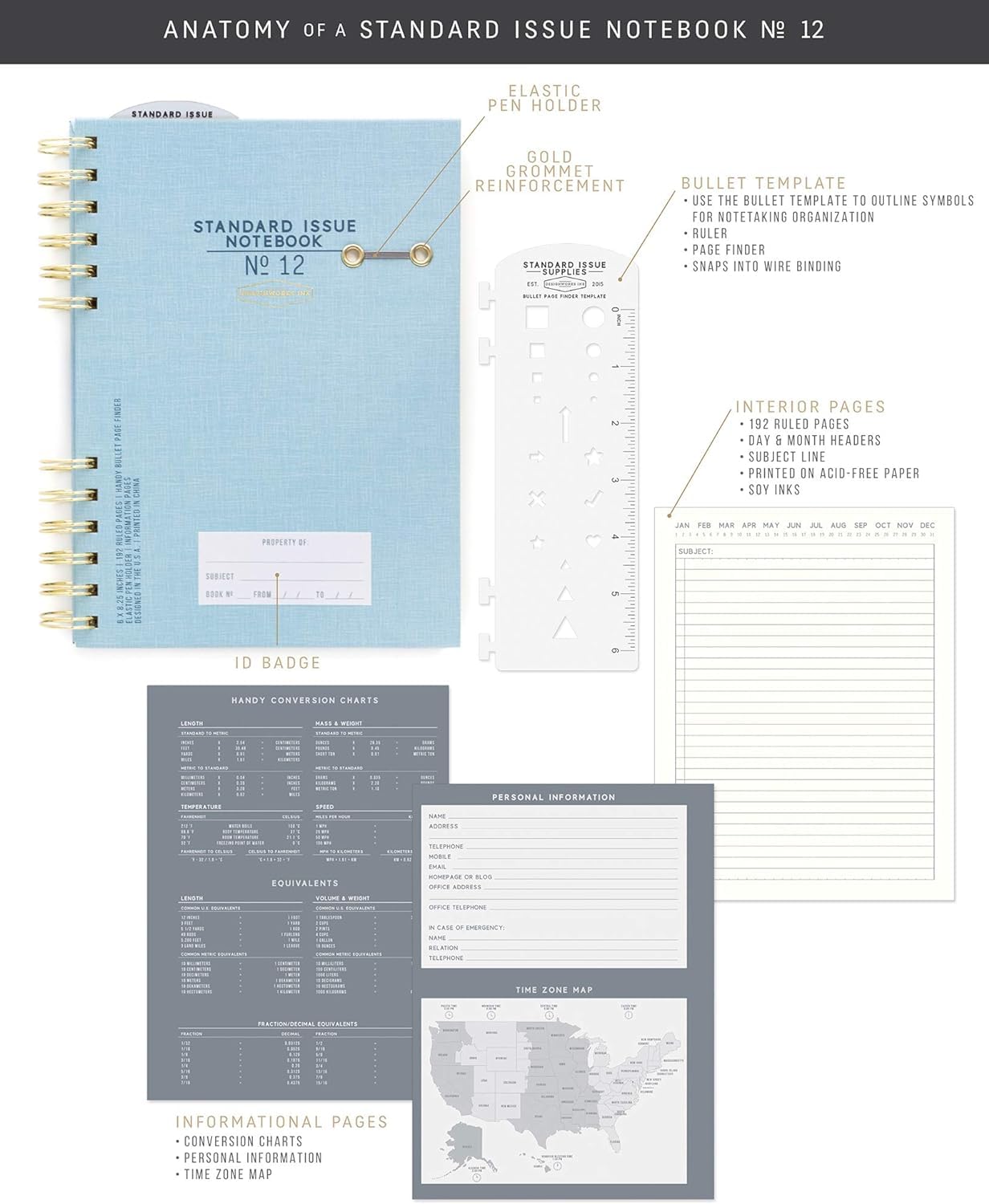 Designworks Ink Standard Issue No. 12 Black Undated Planner Notebook Journal with Lined Pages, Elastic Pen Holder, and Durable Spiral Binding for Work, Writing, Journaling - 6" x 8.25"