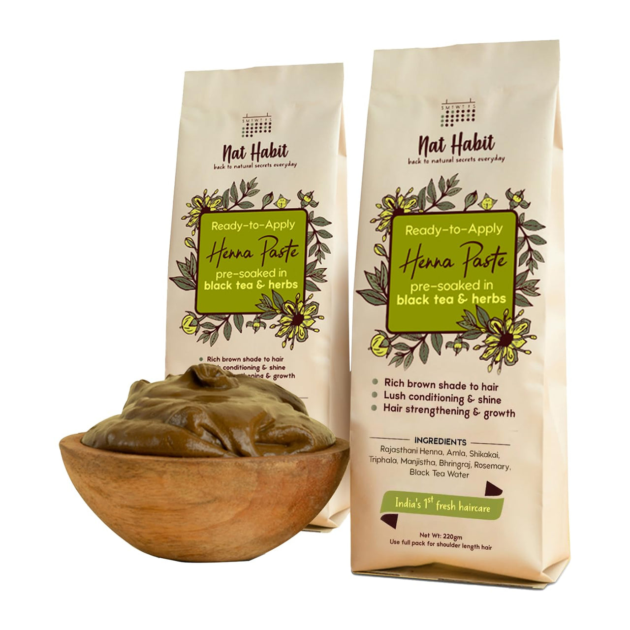 Nat Habit Ready-to-Apply Fresh Henna Paste and Indigo Powder Combo, Pre-Soaked in Black Tea and Herbs,100% Natural Rajasthani Henna & Indigo Powder For Natural Black Hair (440g + 85g)