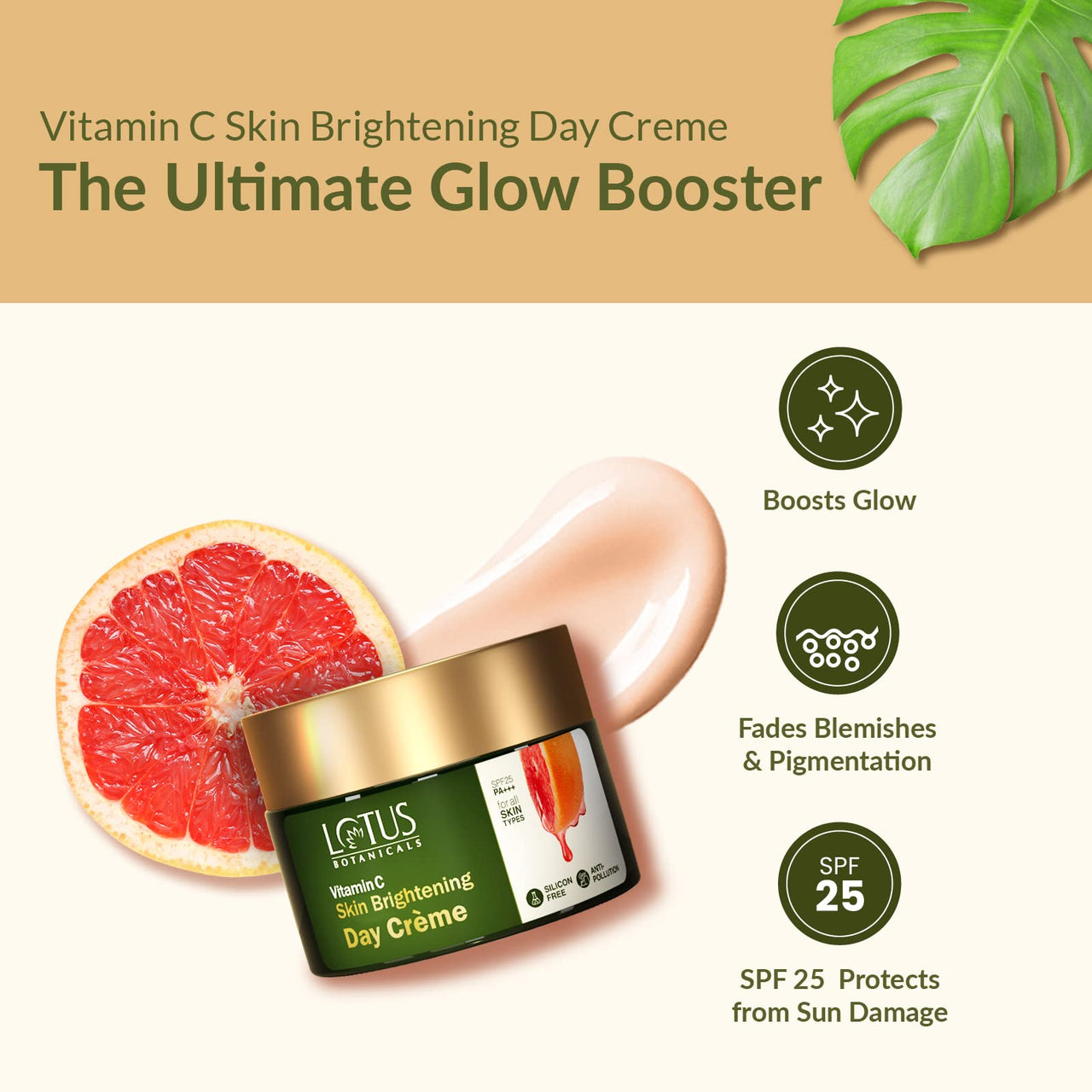 Lotus Botanicals Vitamin C Skin Brightening Day Cream | 100x Vitamin C | Glowing, Radiant and Bright Skin | Hydrating and Moisturising | Sun Protection with SPF 25 PA+++ | No Toxic Chemicals | 50g