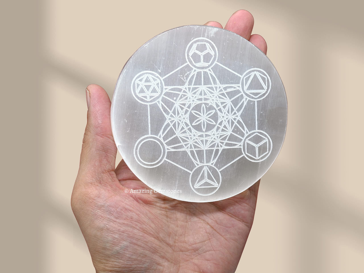 Selenite Crystal Charging Plate For Crystals And Healing Stones, 4.5" Selenite Crystal Plate Engraved Platonic Metatron Cube Coaster For Home Office Table Decor (Selenite Round Disc) Metatron (Platonic Solid)