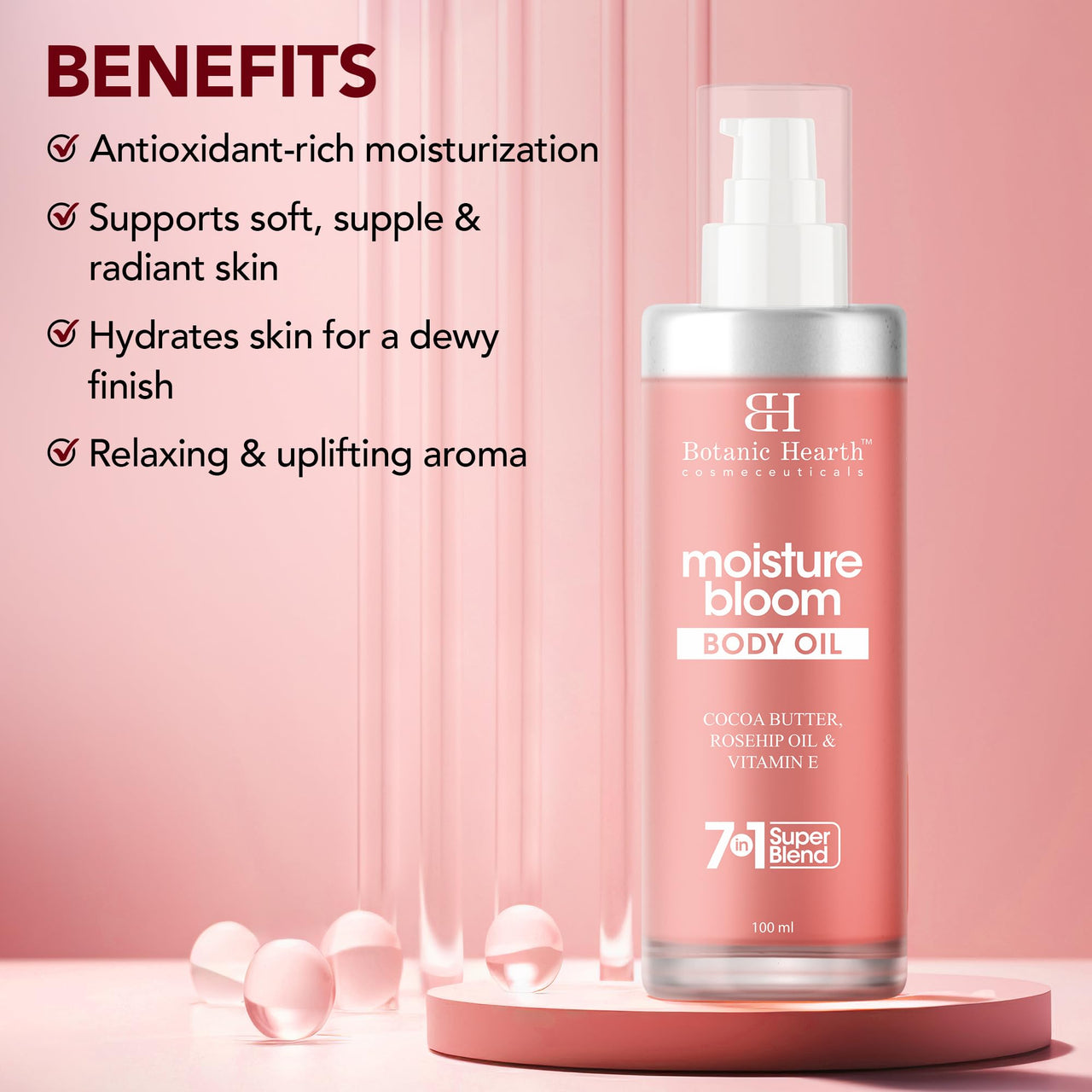 Botanic Hearth Moisture Bloom Body Oil - Hydrating Body Oil with Jojoba, Rosehip & Vitamin E for Soft & Radiant Skin, 100 ml for Men and Women - in a Premium Glass Bottle