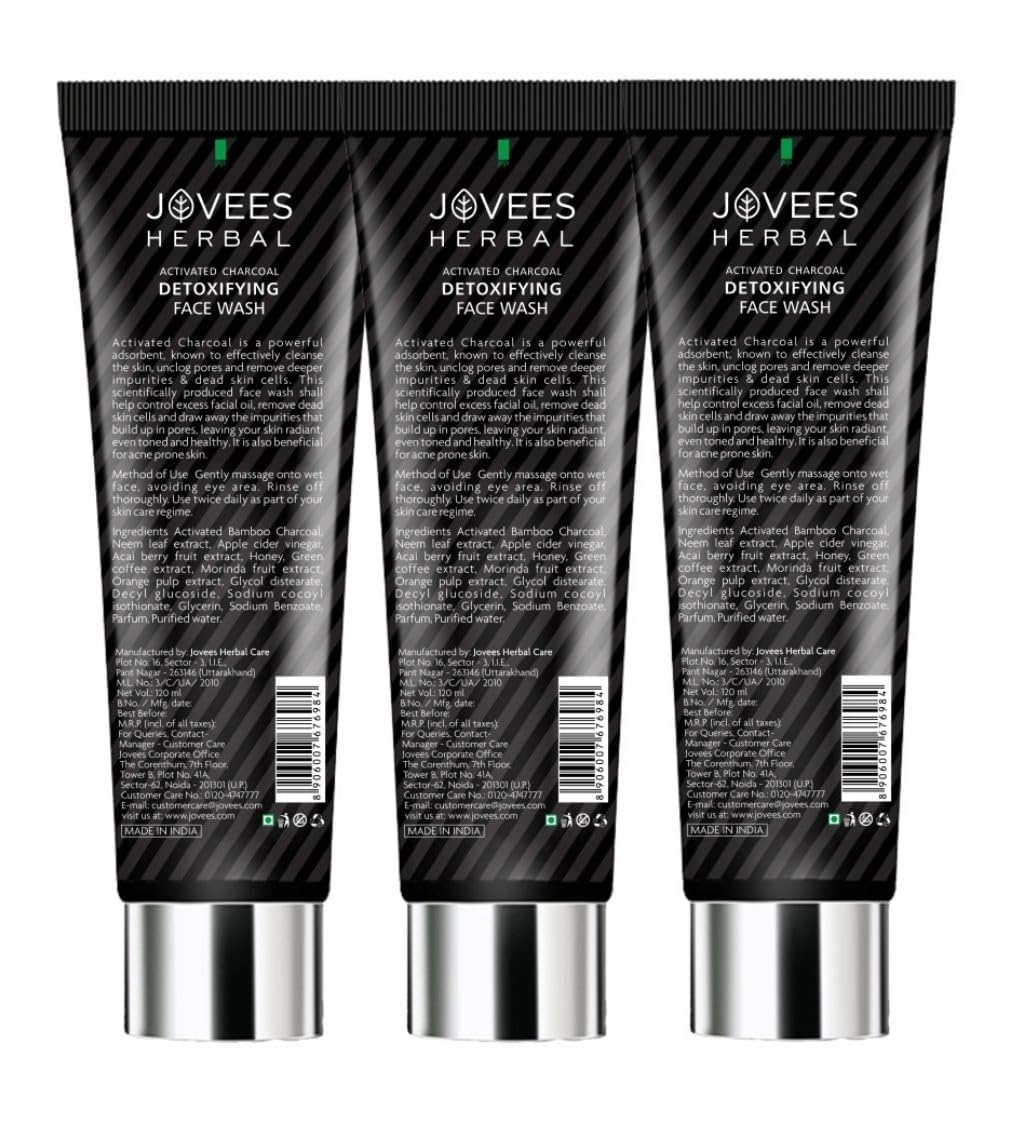 Jovees Herbal Activated Charcoal Detoxifying Face Wash For Deep Pore Cleansing, Oil Control, Removes Dirt & Impurities For All Skin Types 120ml (Pack Of 3)