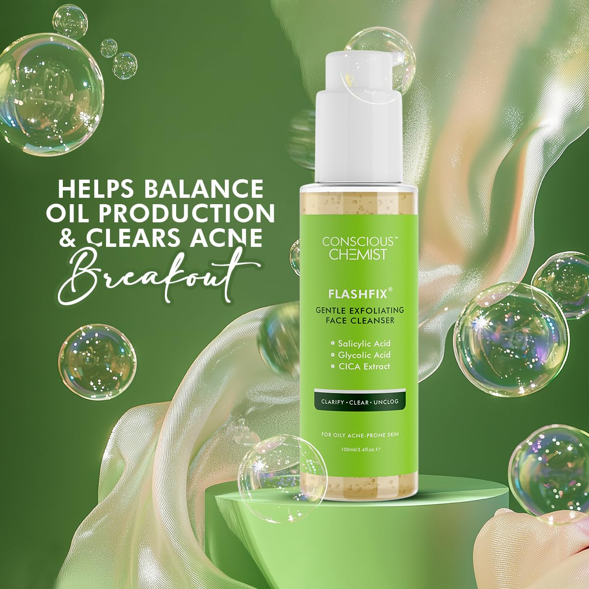 Conscious Chemist® Salicylic Acid Face Wash | 100ml | Face Wash for Oily & Acne Prone Skin for Women & Men, Glycolic Acid & CICA Extract, For Glowing & Radiant Skin, Vegan & Cruelty Free - Flashfix