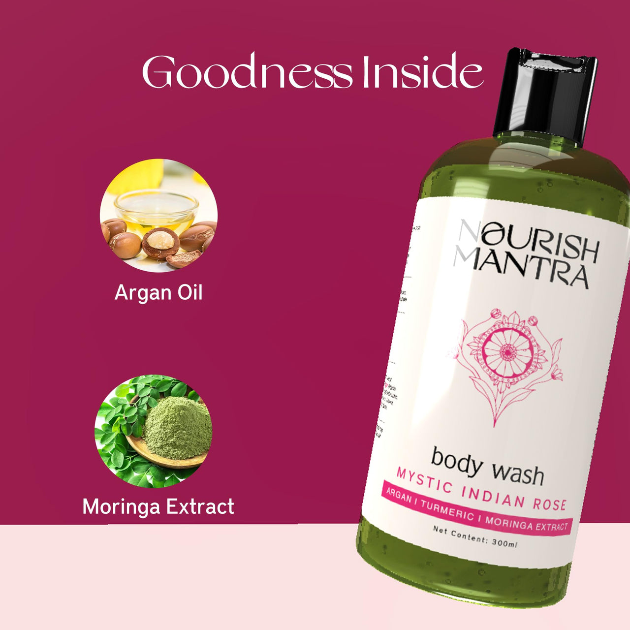 Nourish Mantra Mystic Indian Rose Exfoliating Body Wash | For Radiant Skin & Gentle Exfoliation | Infused With Argan Oil & Moringa Extracts | Suits All Skin Types | Perfect For Men & Women | 300ml