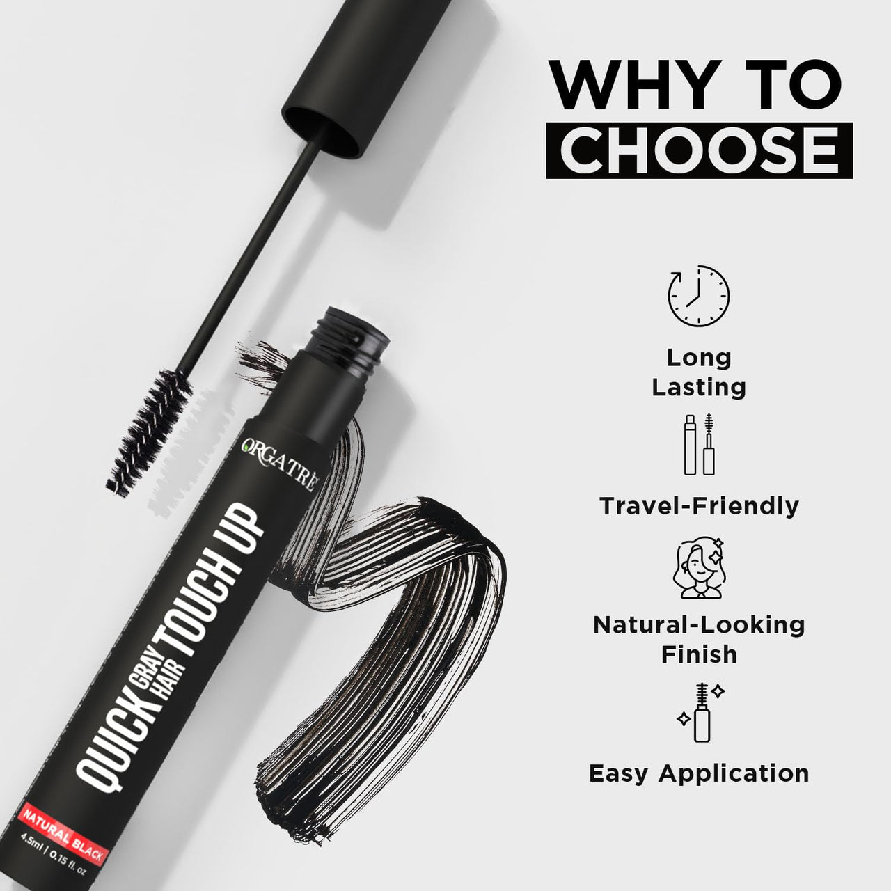 Orgatre Quick Gray Hair Touch Up Stick for grey hair 4.5ml | Instant Gray Coverage | Semi Permanent | Black Color | Smudge-Proof & Long-Lasting | Ideal for All Hair Types | Enriched with Almond & Olive Oil (black 4.5 ml, Pack of 1)