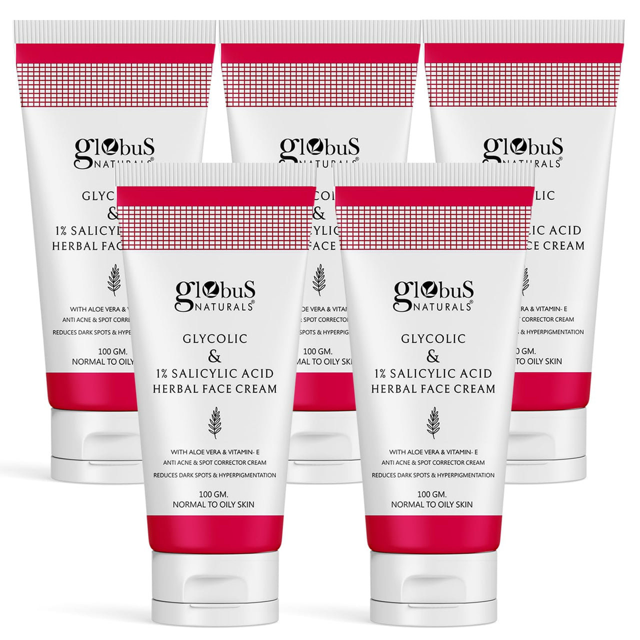 Globus Naturals Glycolic & 1% Salicylic Acid Herbal Anti Acne Face Cream, Enriched with Liquorice & Oats, Reduces Dark spots & Hyperpigmentation, 100 ml, Pack Of 5