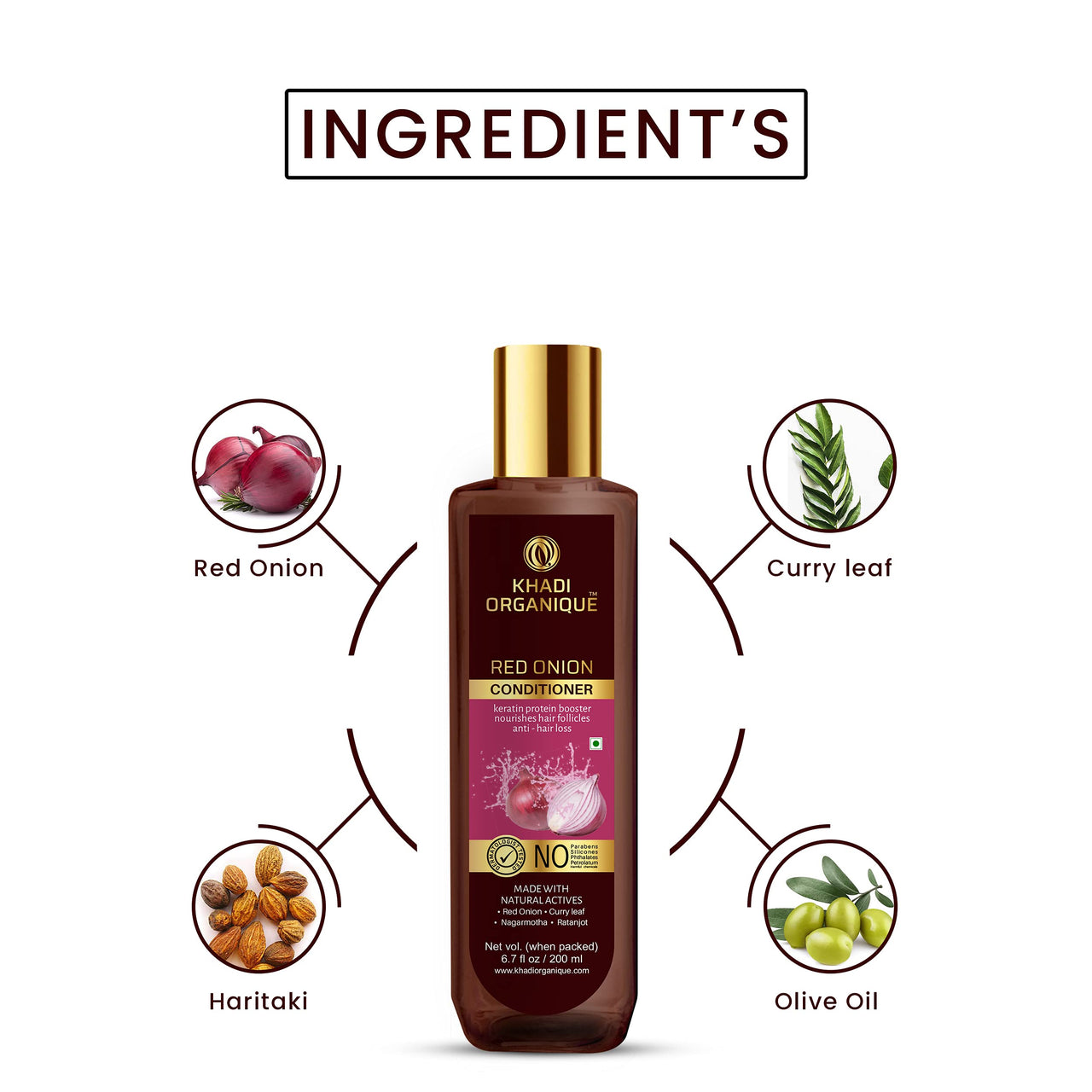 Khadi Organique Red Onion Shampoo & Hair Conditioner Combo for Natural Hair Growth, Hair Fall & Dandruff Control | Strengthen & Soften Hair with Silky & Shiny Appearance | SLS & Paraben Free - Pack of 2 - 2x200ml