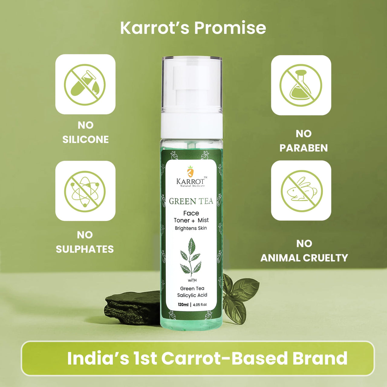 Karrot Natural Skincare Toner for Oily Skin, Green Tea Face Spray Mist for Oil Control and Acne Prevention, Infused with Salicylic Acid and Chamomile, For Women and Men, All Skin Types, 120ml